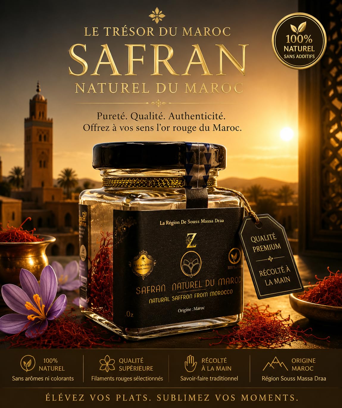 Safran Naturel en filaments du Maroc, qualité exceptionnelle : 5g Analyser au laboratoire Anascan