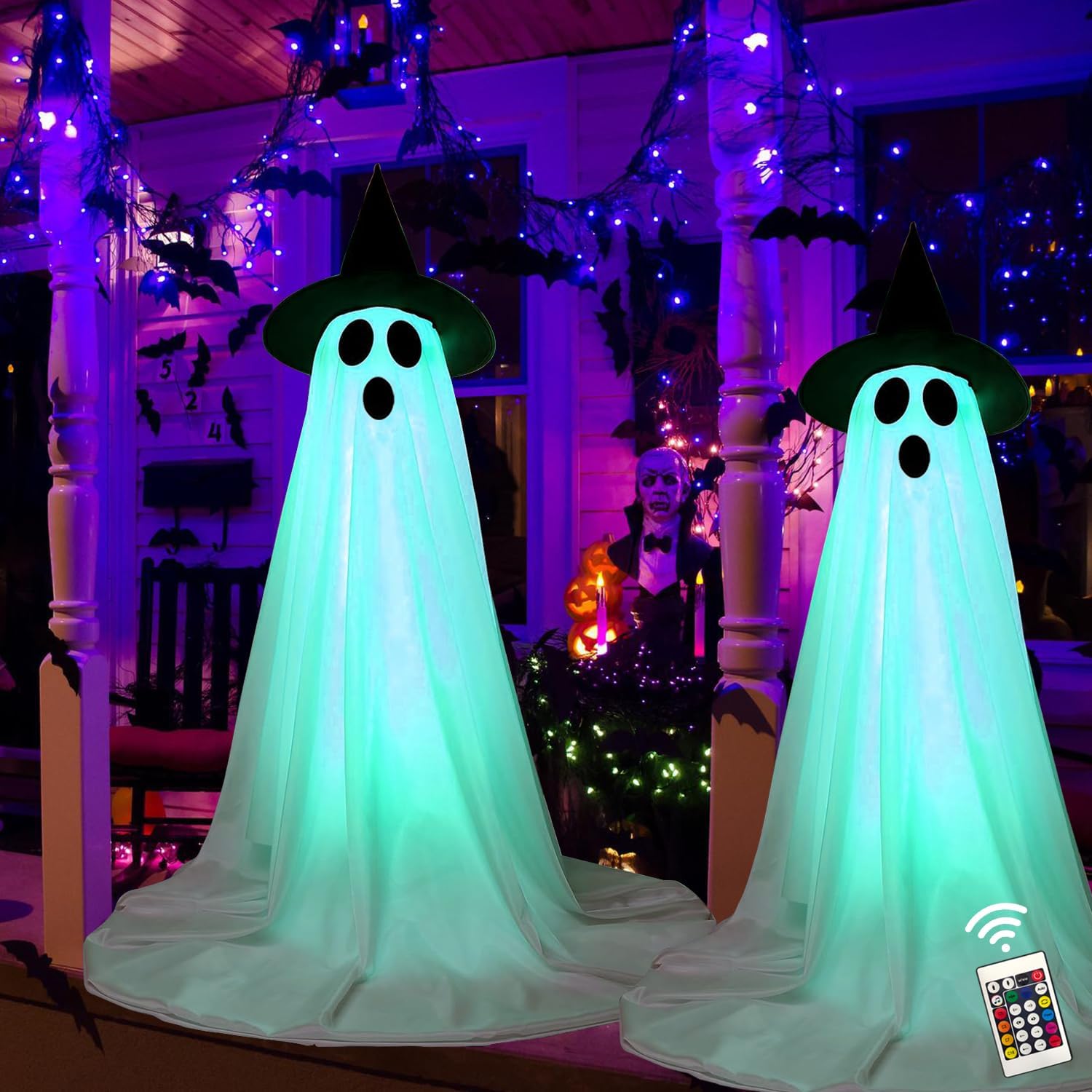 2 Pack Halloween Decorations Indoor Porch, Spooky Ghost with Remote Control Colorful String Lights, Halloween Decor Ghost Lights for Home Outdoor Porch Garden Yard Lawn Party