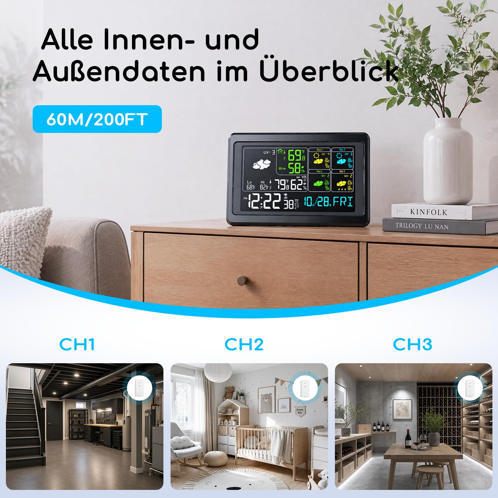 Wetterstation Funk mit Außensensor,Innen und Außentemperatur Funk | Farbdisplay,Innen & Außentemperatur, Luftfeuchtigkeit, Luftdruck, Wettervorhersage,wlan wetterstation,60m Funkreichweite