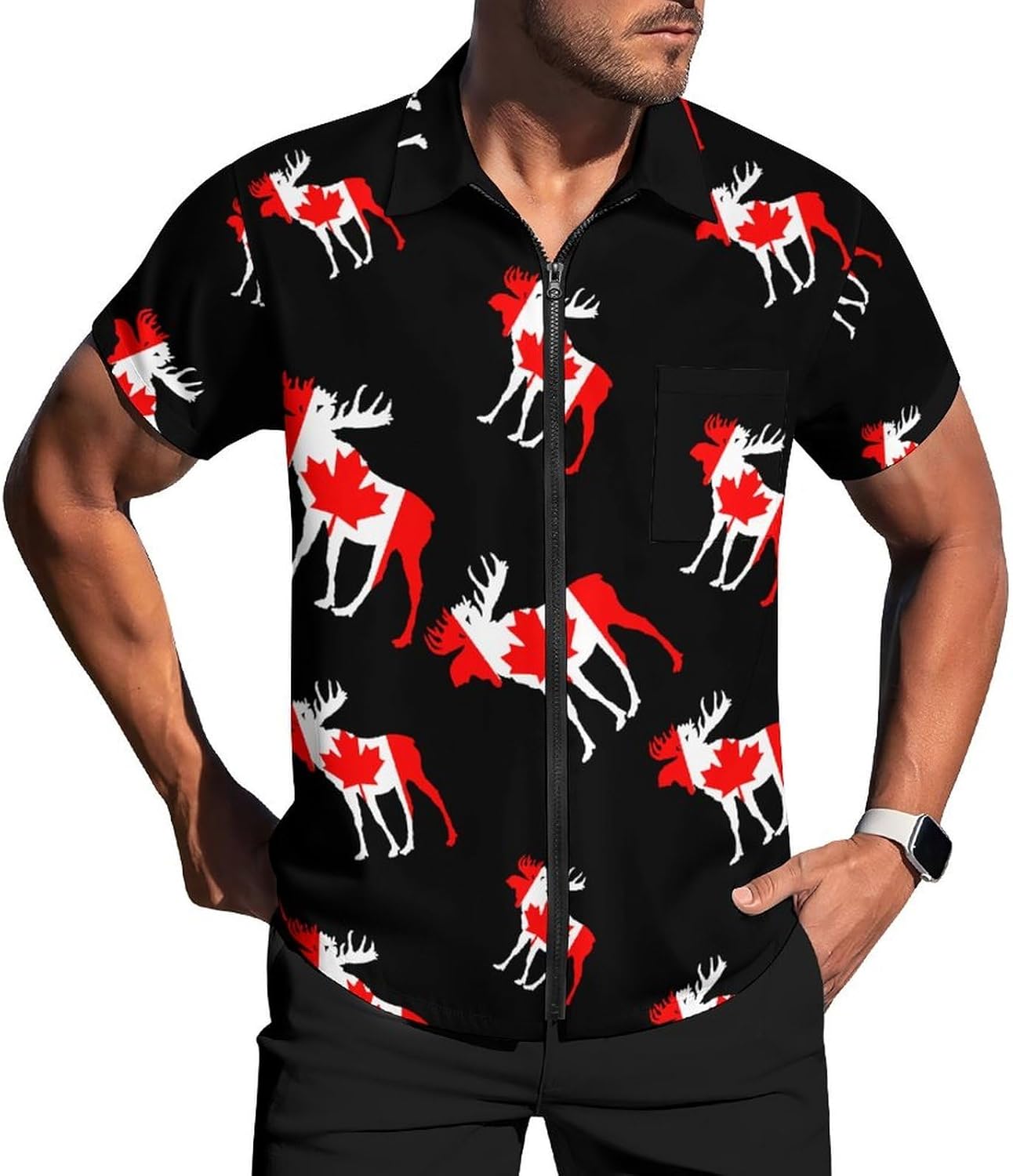 Mooses in Flag of Canada Men's Short Sleeve Shirt Zip-Up Golf Polo Shirts with Pocket