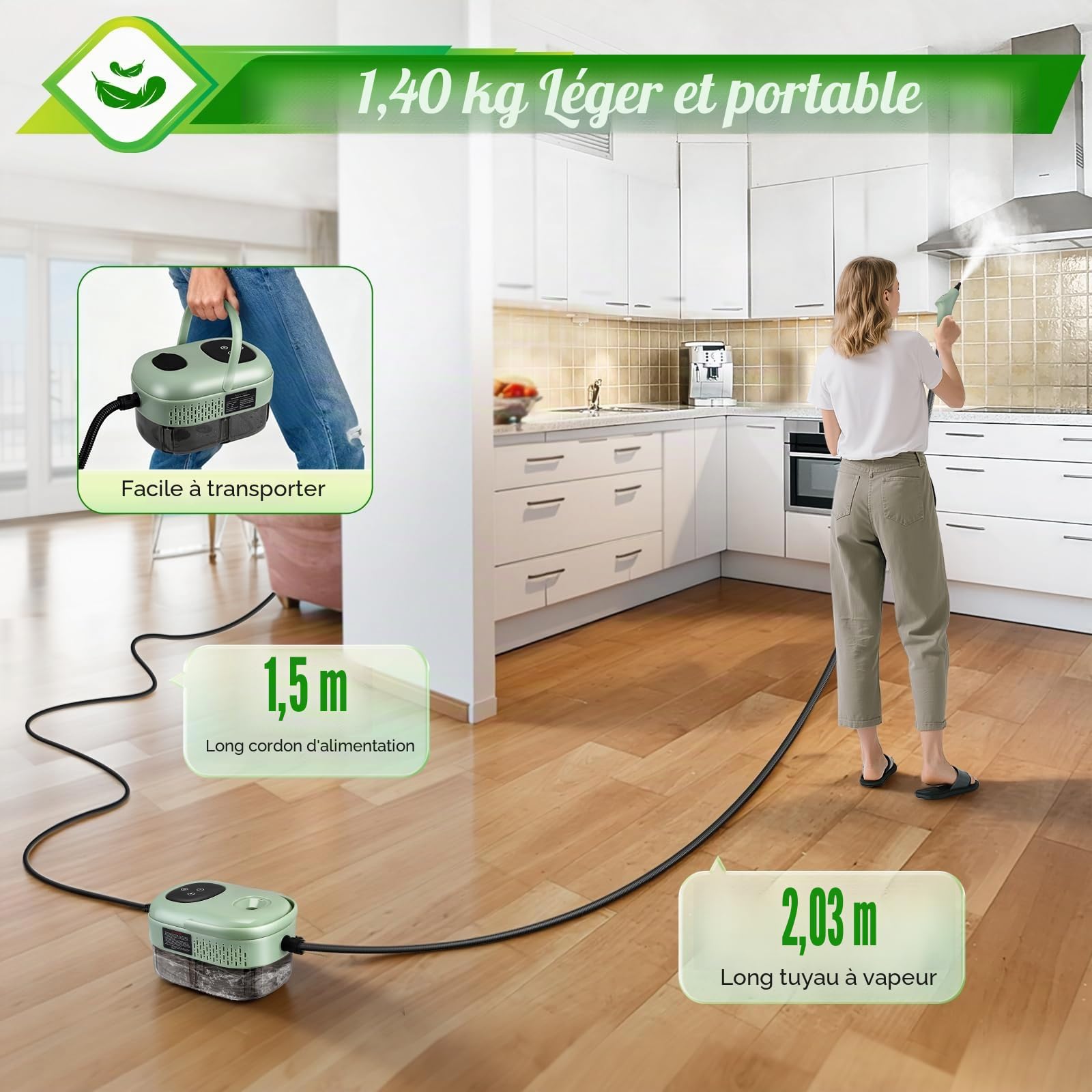 Nettoyeur Vapeur Haute Pression 2500W – Réservoir 1,1L – Pression 3 Bar & Vapeur à 105°C – Nettoyage Multisurface Sans Produit Chimique – 6 Réglages de Vapeur + 15 Accessoires