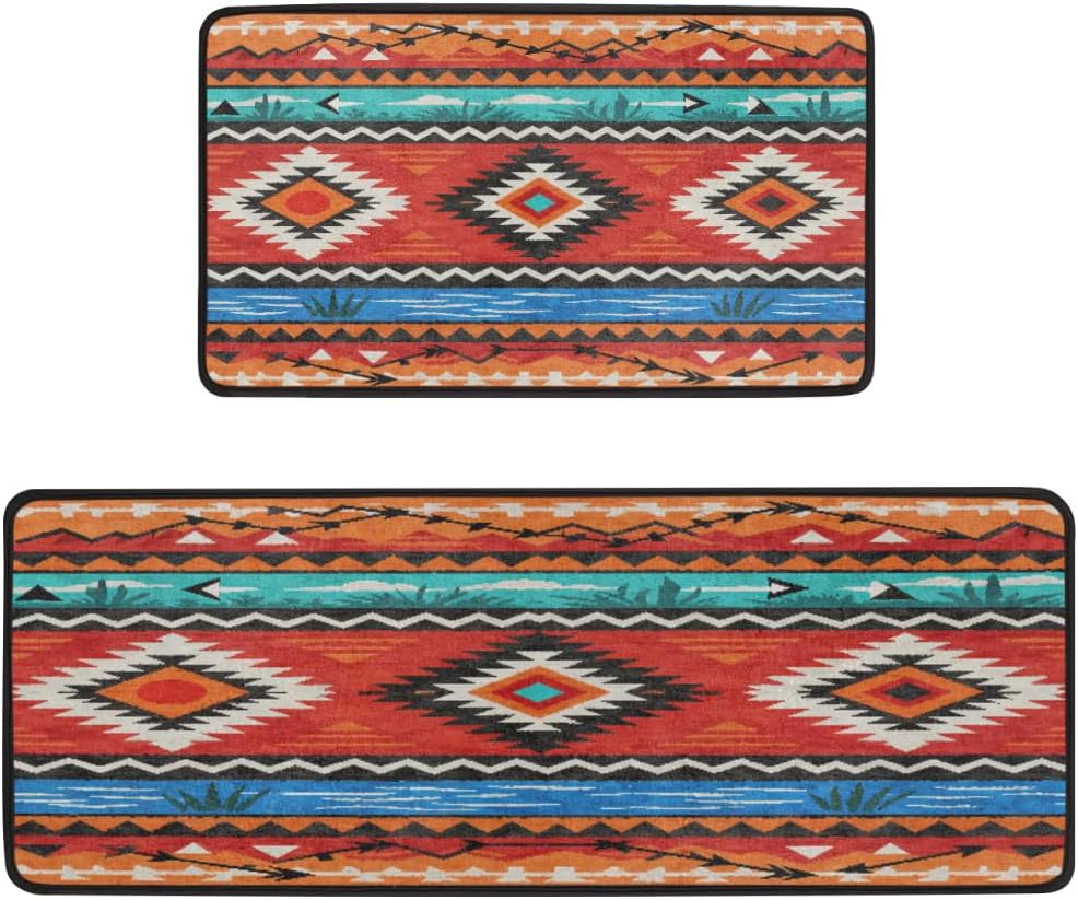 Anti Fatigue Tribal Fabric Kitchen Mats for Floor 2 Piece Set, Waterproof Non Slip Boho Kitchen Floor Rugs, Comfort Standing Mat for Sink Laundry & Home Kitchen 17"x47"+17"x29"