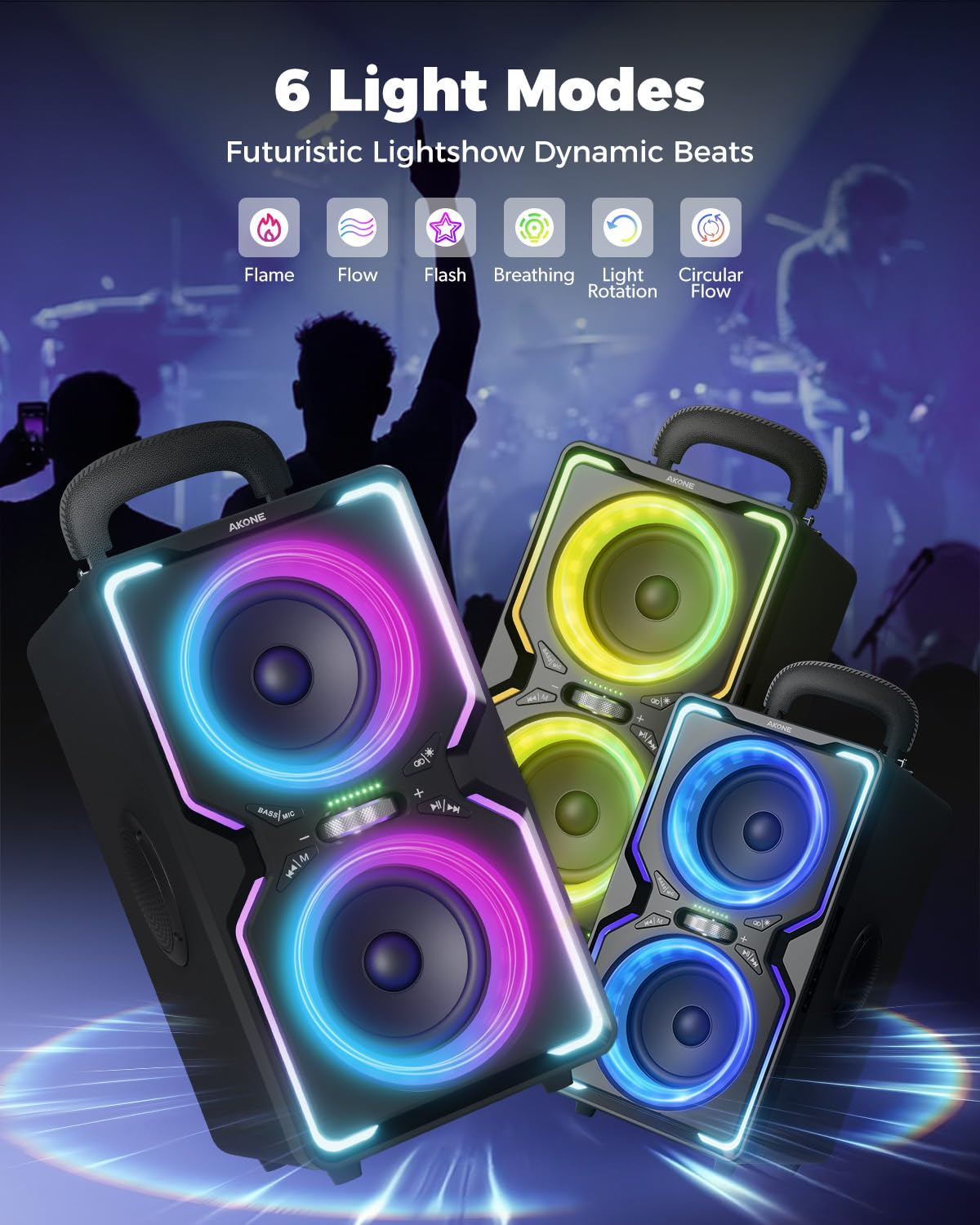 AKONE Cassa Bluetooth Potente Portatile: 240W Altoparlante Party Wireless Bluetooth Speaker, Super Natural Bass,15Hr Playtime,TWS, Luci LED Fantastiche per Feste, Campeggio, Spiaggia, Cortile