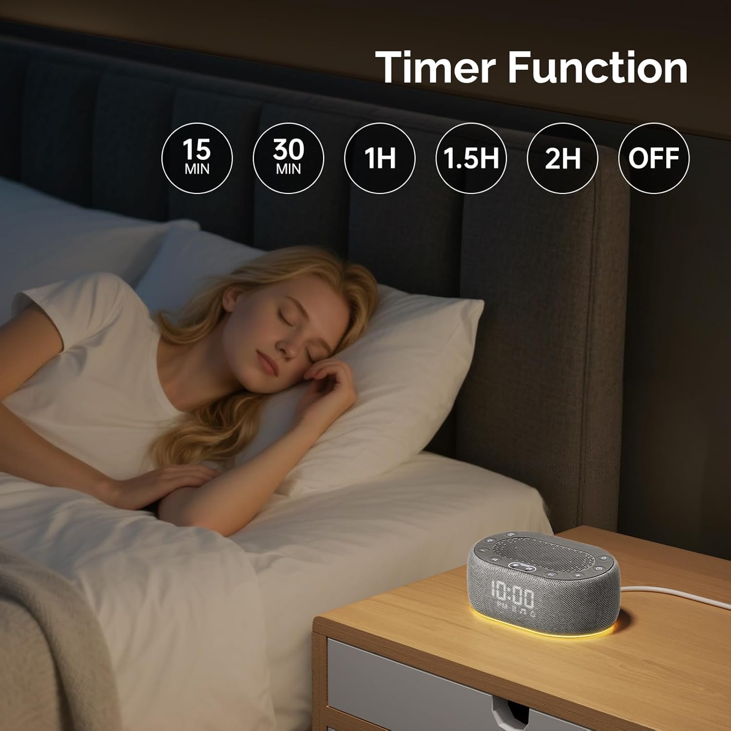 Person sleeping with 1Mii R3 on nightstand, illustrating timer function