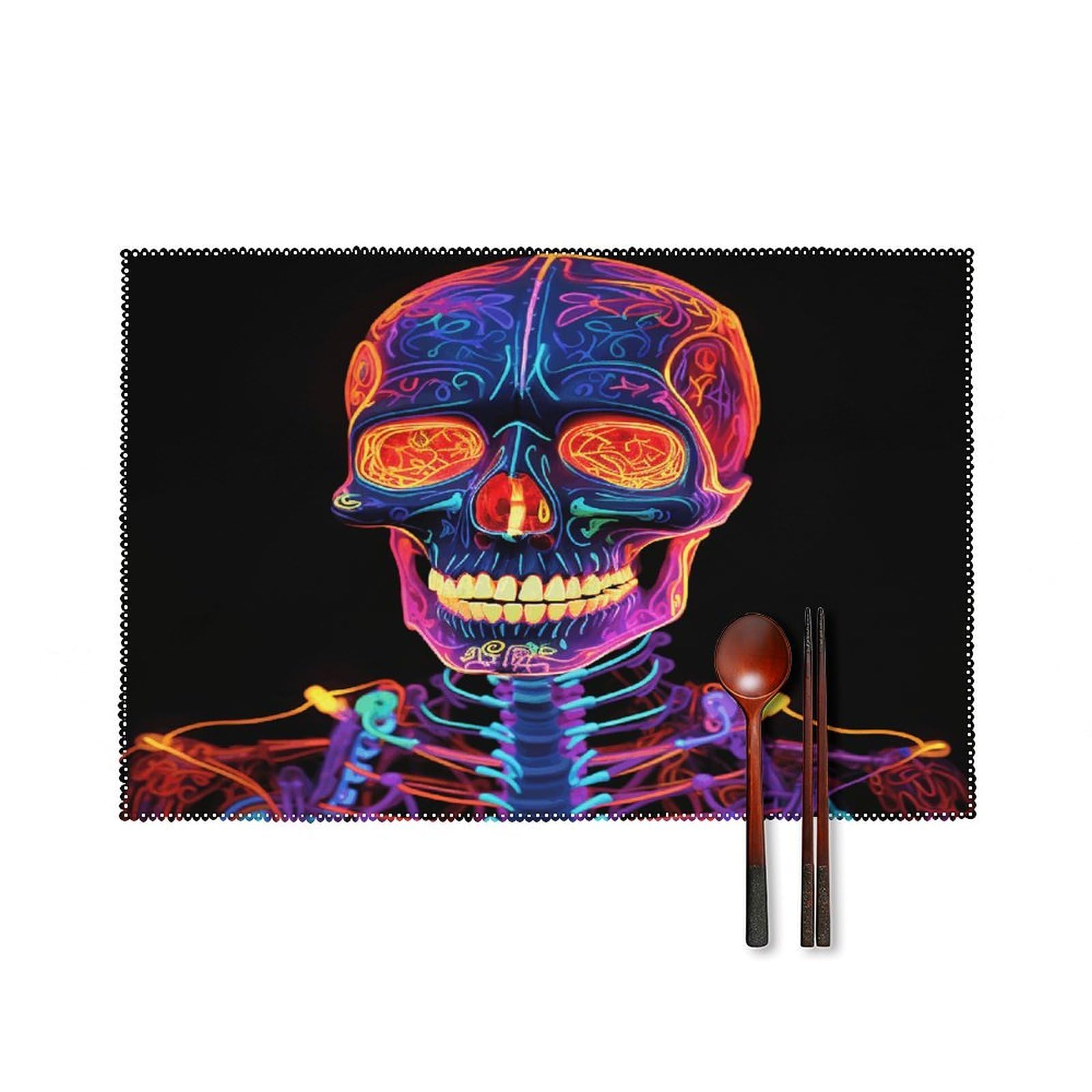 Skull Glowing Placemats Set of 4 Heat Resistant Non-Slip Place Mats for Dining Table Washable Placemat Wipeable Dining Table Mat Canvas Place Mats Dining Table Decor