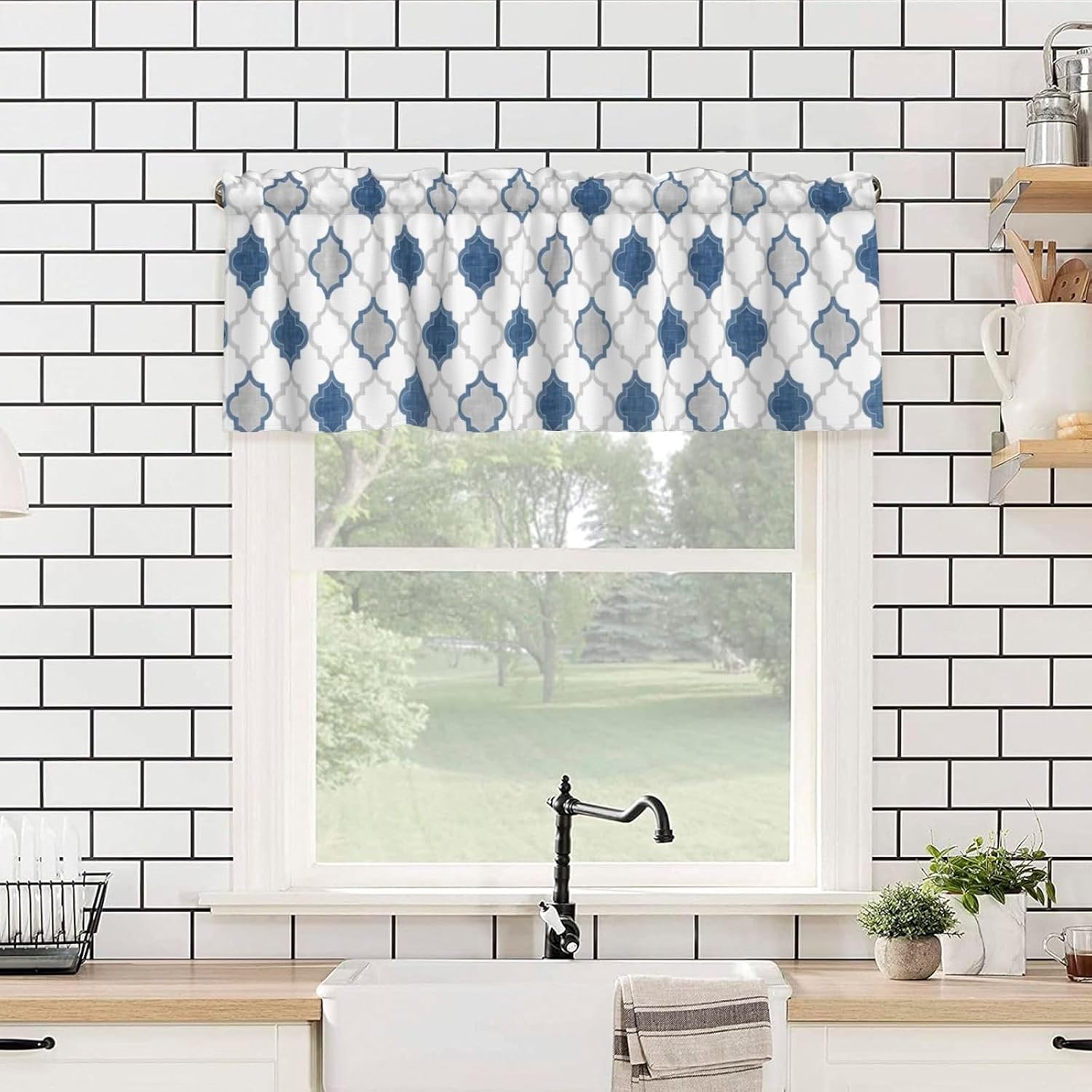 Valance for Windows Moroccan Geometric Quatrefoil Kitchen Curtains Valances Rod Pocket Gray Blue Lattice Window Treatment Short Topper Curtains 1 Panel, 54x18inch