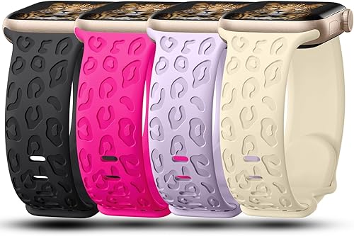 Paquete de 4 correas grabadas de leopardo compatibles con Apple Watch para mujer de 1.575 pulgadas, 1.614 pulgadas, 1.654 pulgadas, 1.732 pulgadas,