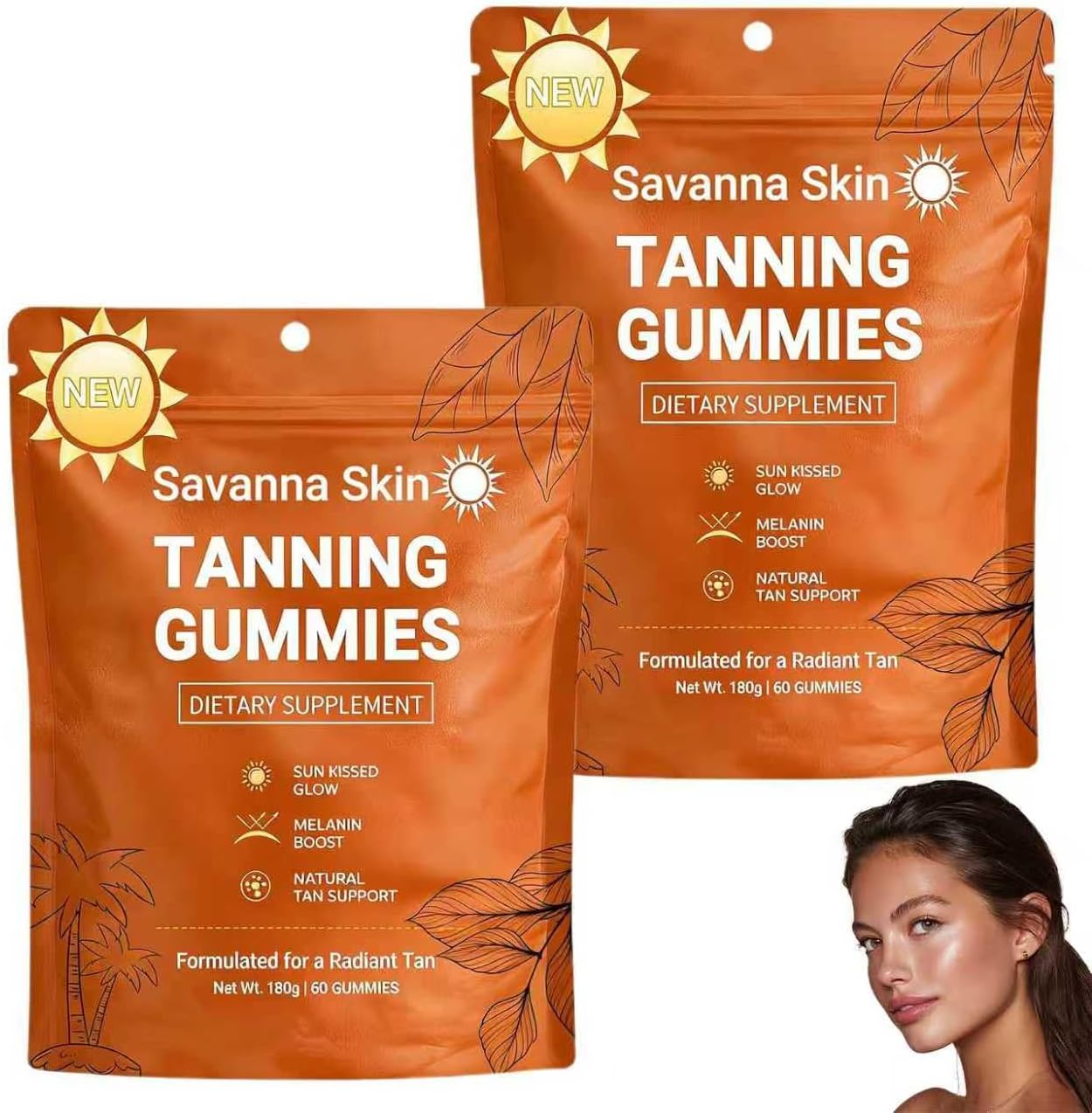 Skin Tanning Gummies for Women, Tanning Gummies that Work Fast Without Sun with Astaxanthin, Beta Carotene & Vitamin C, Skin Radiance for Natural Looking Glow (2PCS)
