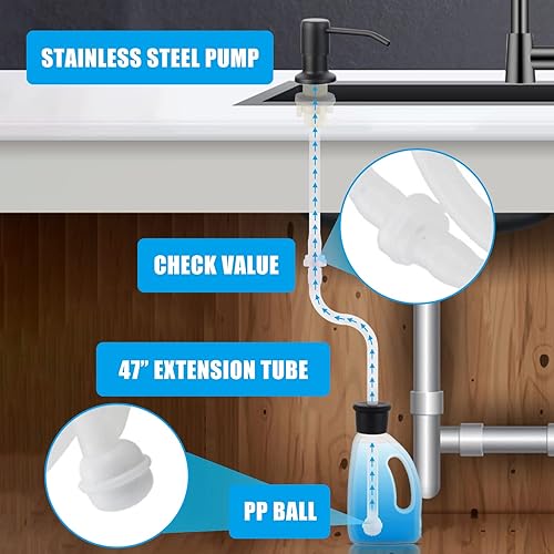 Miniatura 5 de XINHUAYJ Dispensador de jabón para platos para fregadero de cocina, dispensador de jabón integrado de acero inoxidable con kit de tubo de extensión