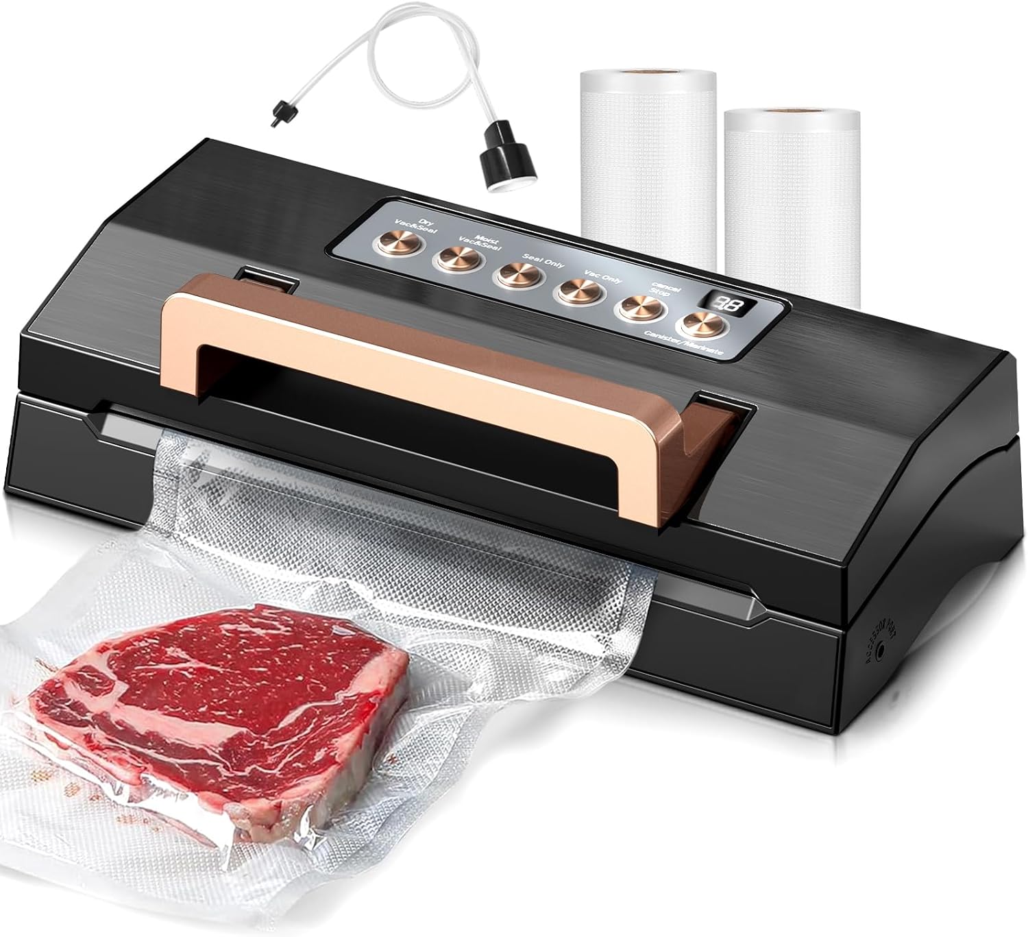 5.0 Precision Food Vacuum Sealer Machine, Commercial Full Automatic Vacuum Sealer Machine, Deluxe Powerful Vacuum Sealing System, Double Heat Seal, Built-in Cutter&Storage, 2 Bag Rolls&Hose,Sous Vide