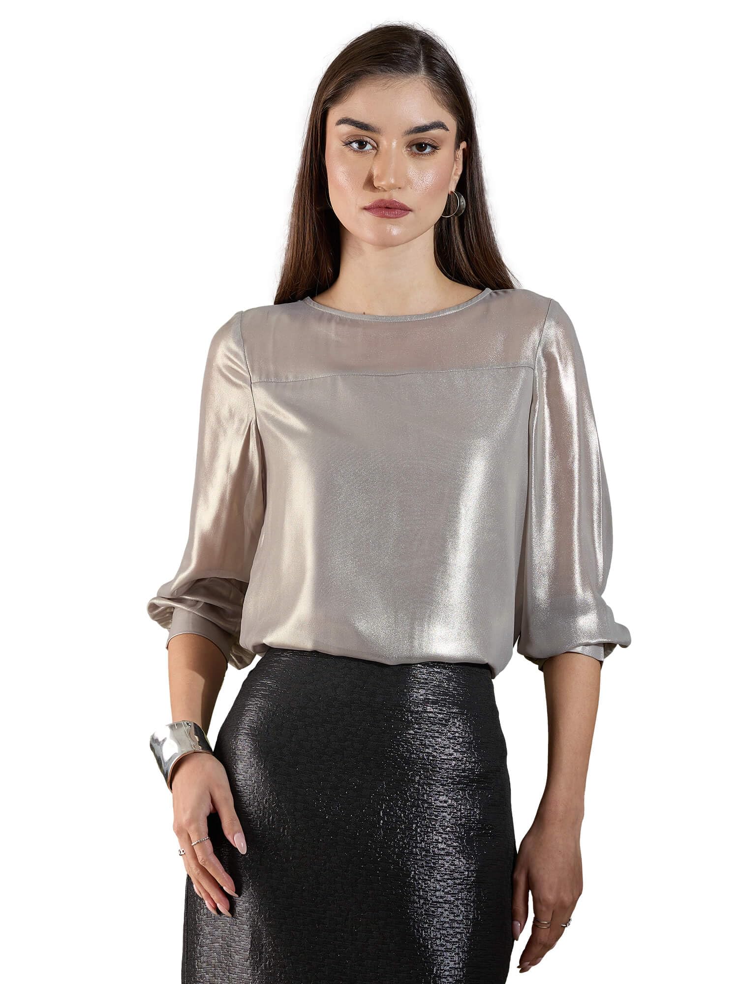 Salt Attire Ashley-Silver Women’s Solid Shimmer Boat Neck Semi-Sheer Party Top with Full Sleeves-picture-13