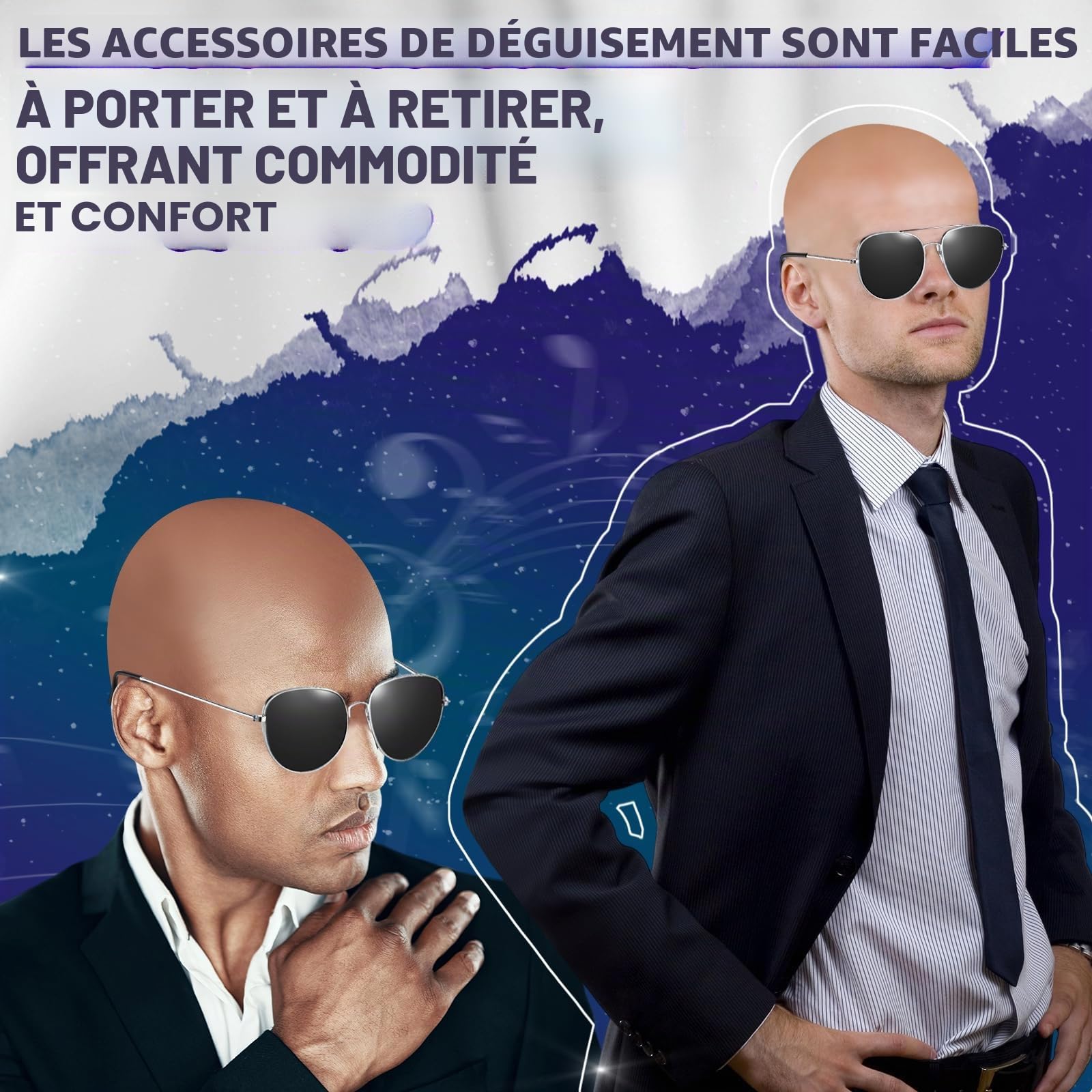 Sinmoe 6 Pcs Perruque Chauve Calotte Chauve Bald Cap avec Lunettes et Bonnet de Perruque Faux Crane Chauve en Latex Accessoires de Déguisement pour Halloween Cosplay pour Adultes Hommes Femmes