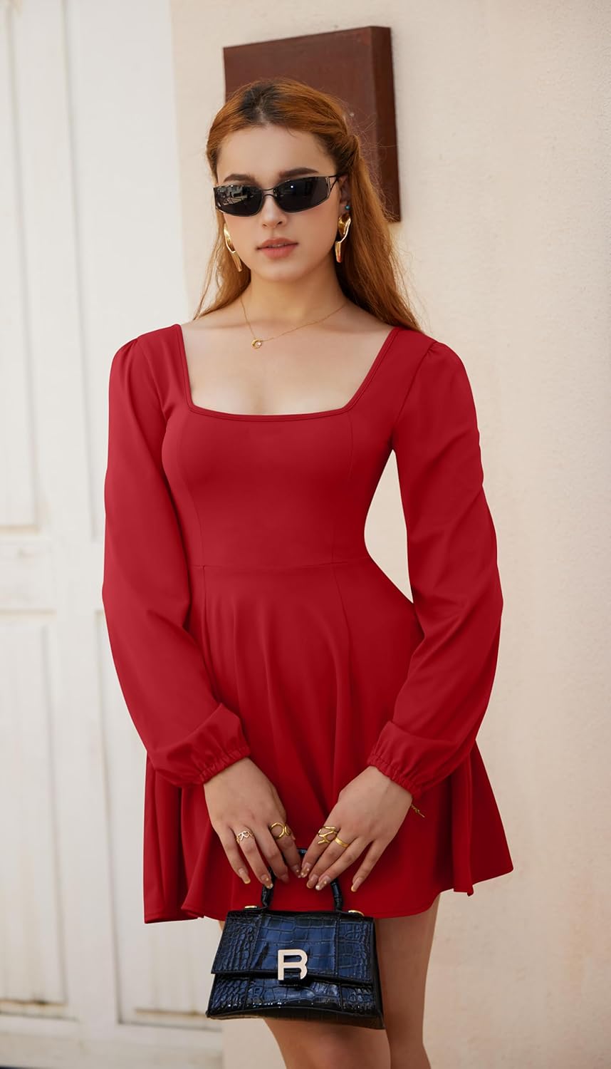 GOBLES Women's Elegant Long Puff Sleeve Square Neck Bodycon Mini Party Dress - Image 3