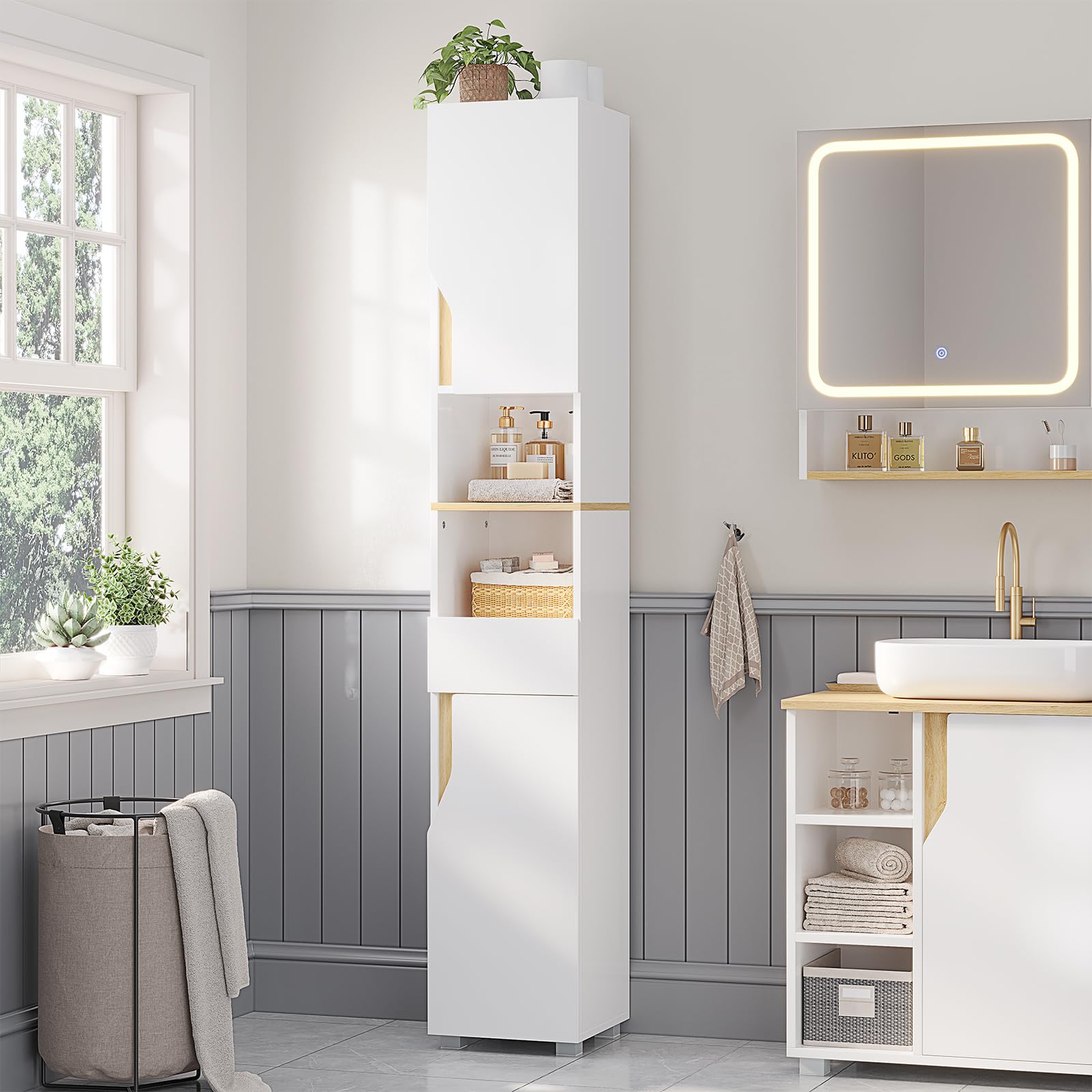 Meuble Colonne Salle de Bain, Meuble de Rangement avec Étagères Réglables, Tiroir, 2 Étagères Ouvertes, Armoire Rangement Haute Gain de Place,Armoire de Salle de Bain, 30 x 30 x 180 cm, Blanc