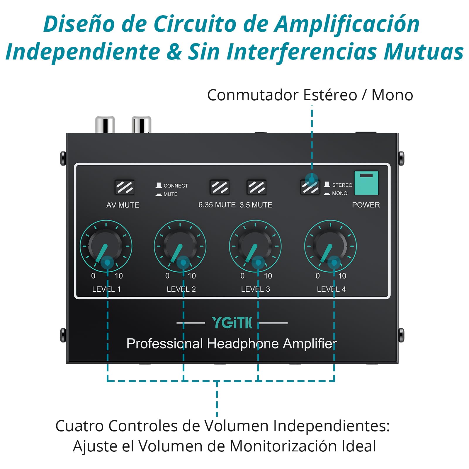Amplificador de Auriculares Estéreo Portátil-4 Canales con Controles de Volumen y Entradas AV/3.5mm/6.35mm - 8 Salidas Estéreo de 3.5mm/6.35mm para Escenario-Actualización de Chip