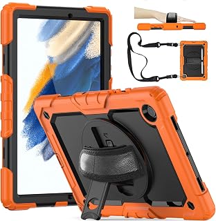 Samsung Galaxy Tab A8 10.5 Inch 2022 Case with Screen Protector,Galaxy Tab A8 10.5 Inch Heavy Duty Protective Case with Pencil Holder 360 Degree Rotating Kickstand Hand/Shoulder Strap.Orange