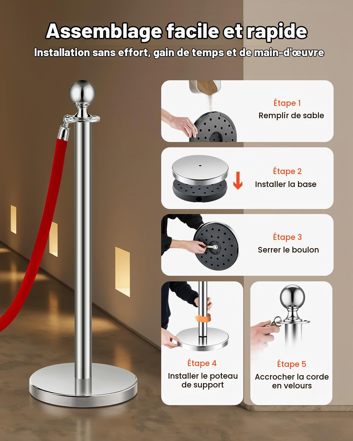 VEVOR Poteau de guidage, 6 pcs, barrière de balisage pour contrôle de foules, avec base creuse, 3 cordes velours rouge et poteaux argentés en acier inox, pour file d'attente en public, hôtel, fête