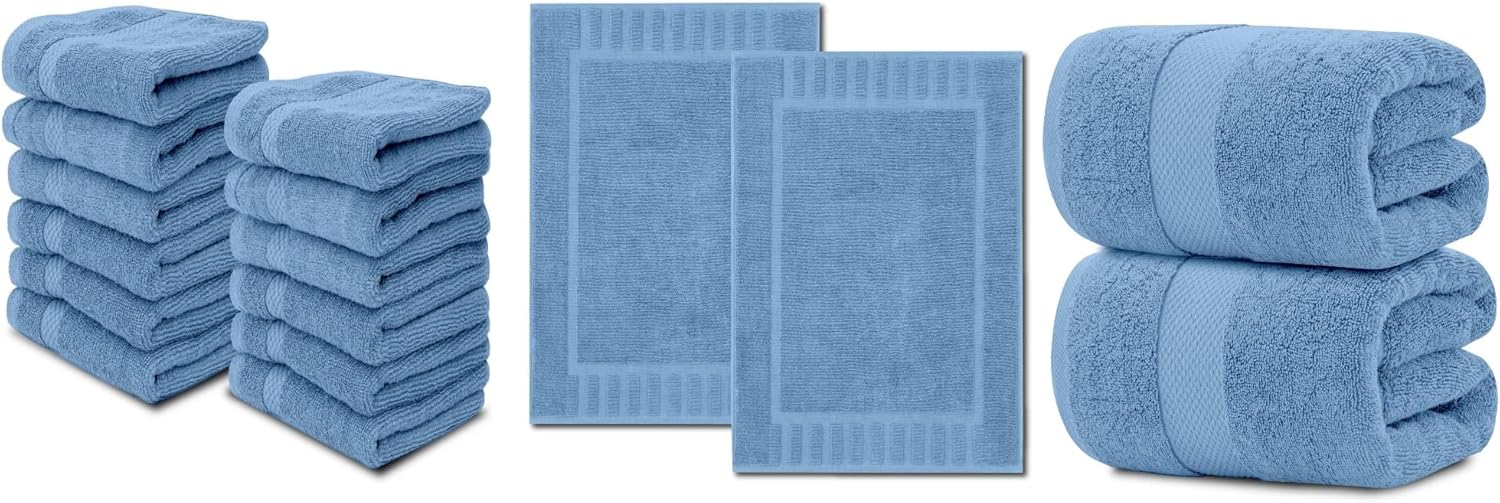 White Classic 12 Light Blue Washcloths 13 x 13, 2 Bath Mats 16 x 30 and 2 Bath Sheets 35 x 70 | Cotton, Highly Absorbent and Quick Dry for Hotels, Spa and Bathroom