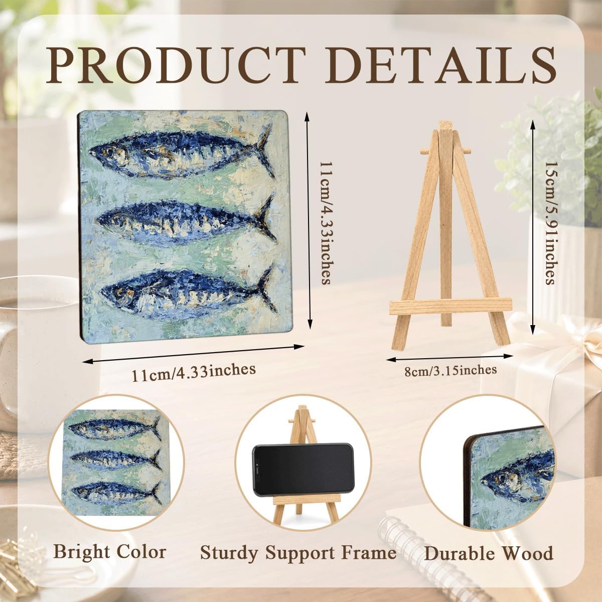 Fish Wooden Tabletop Sign, Coastal Oil Painting Style Art Plaque with Mini Easel, Desk Shelf Decor for Kitchen Office, Gifts for Women Men Kitchen Farmhouse Shelf Desk Decor Accessories image 2