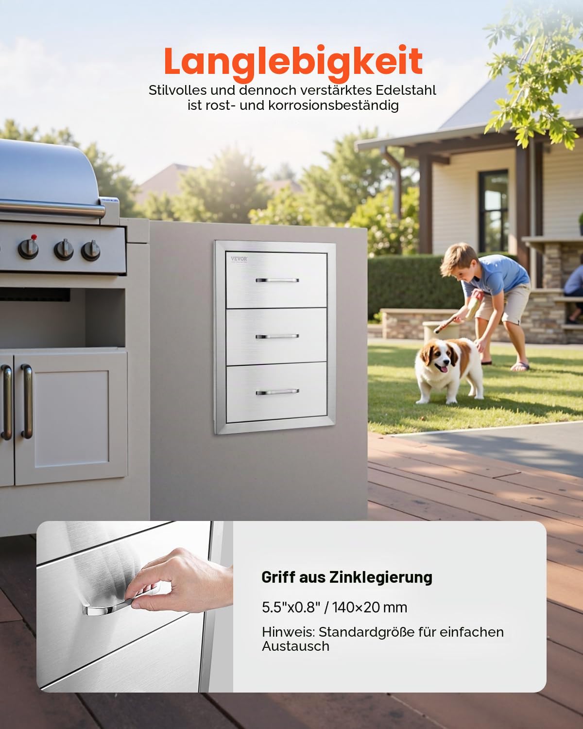 VEVOR Outdoor-Küchenschubladen flächenbündig montierte Grillschubladen mit dreifachem Zugriff und Edelstahlgriff, Grillinselschubladen für Außenküchen oder Grillinsel-Terrasse 400 x 450 x 450 mm
