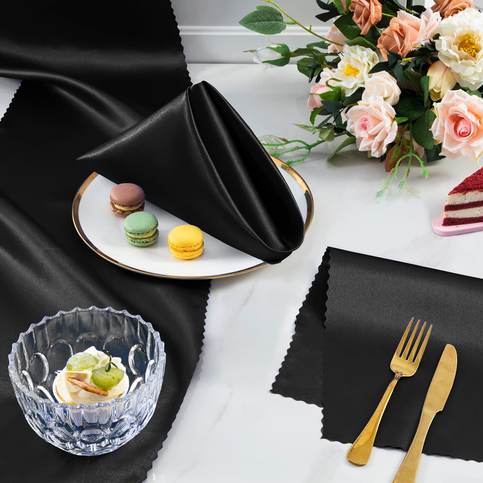 Horbaunal Satin-Servietten, 50,8 x 50,8 cm, mit Blumenrändern, Schwarz, 100 Stück | Quadratische Dinner-Servietten, weiche Stoffservietten für Partys, Hochzeiten, Events