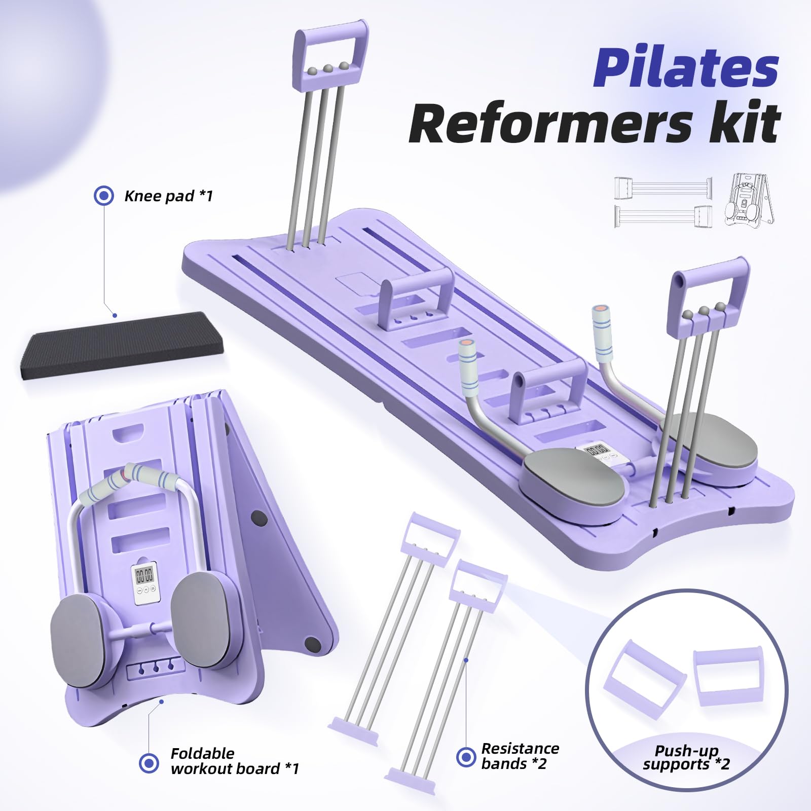 Pilates Reformer, Pilates Board Pliable, Planche Pilate Multifonctionnelle avec Rouleau Abdominal Rebond Automatique, Pompes et Corde de Tension, Kit Pilates Maison
