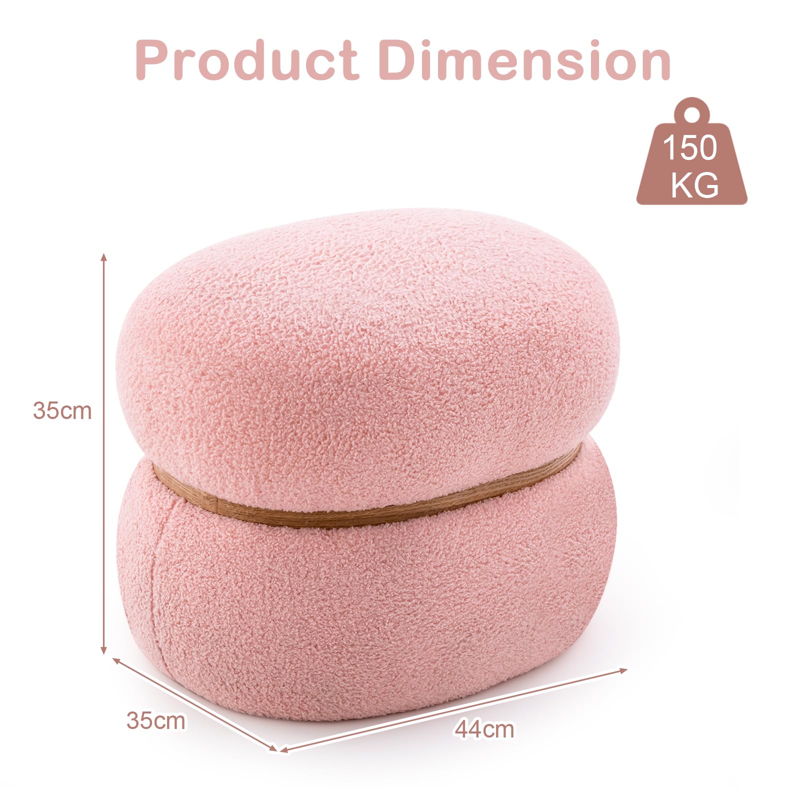 HOMASIS Taburete de tocador de Sherpa, taburete ovalado de 300 kg, reposapiés acolchado para salón, dormitorio y pasillo, 44 x 35 x 35 cm, color rosa