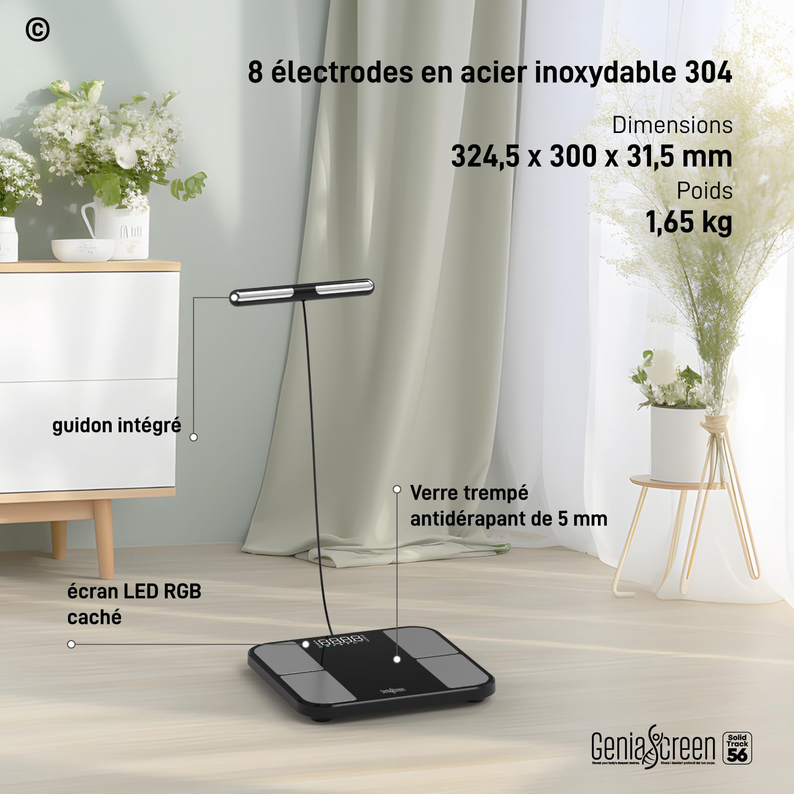 Balance Impédancemètre Connectée Bluetooth Pèse Personne Électronique GeniaScreen SolidTrack en Verre Trempé Max 180Kg - 8 Électrodes 56 Données Corporelles pour Masse Musculaire Graisse IMC