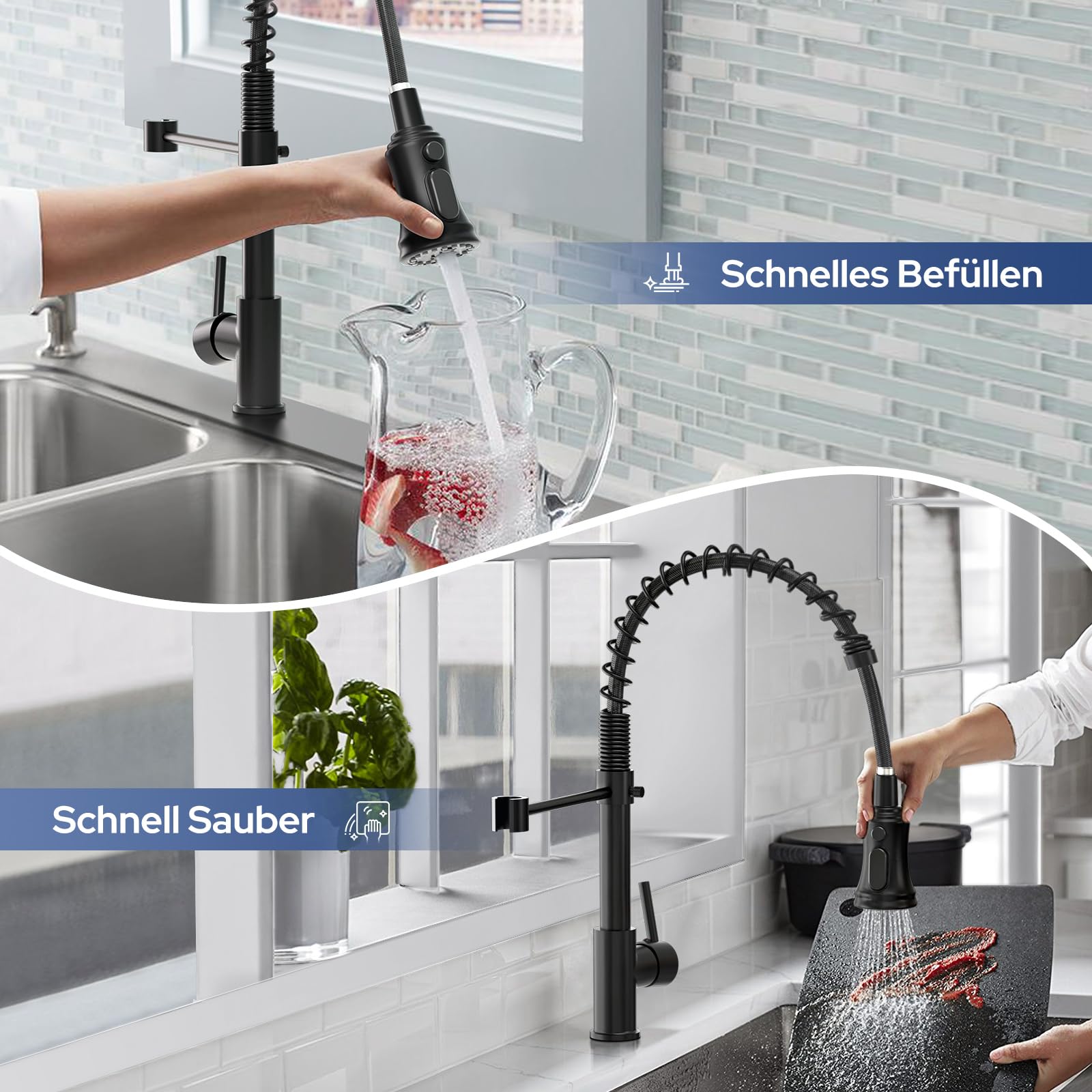 Hochdruck Küchenarmatur mit Brause Ausziehbar-3 Sprühfunktionen Wasserhahn Küche, 360°Drehbar Küchenarmaturen Armatur Küche, Edelstahl Schwarz
