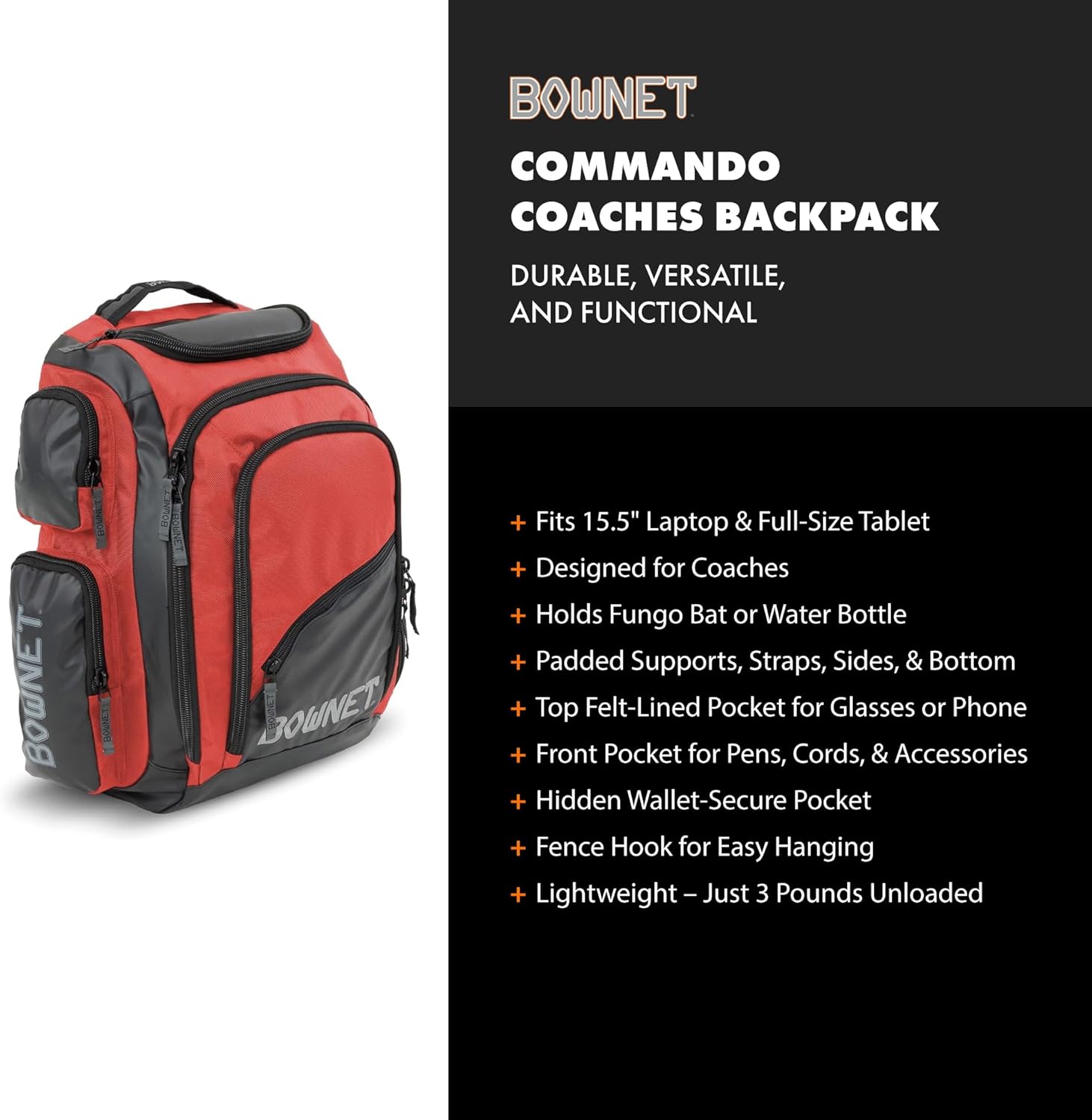 Bownet Commando Coaches Bat Bag – Baseball & Softball Backpack with Fungo Holder, 15.5” Laptop & Tablet Pocket, Large Gear Storage, Padded Straps, Youth & Adult, Scarlet