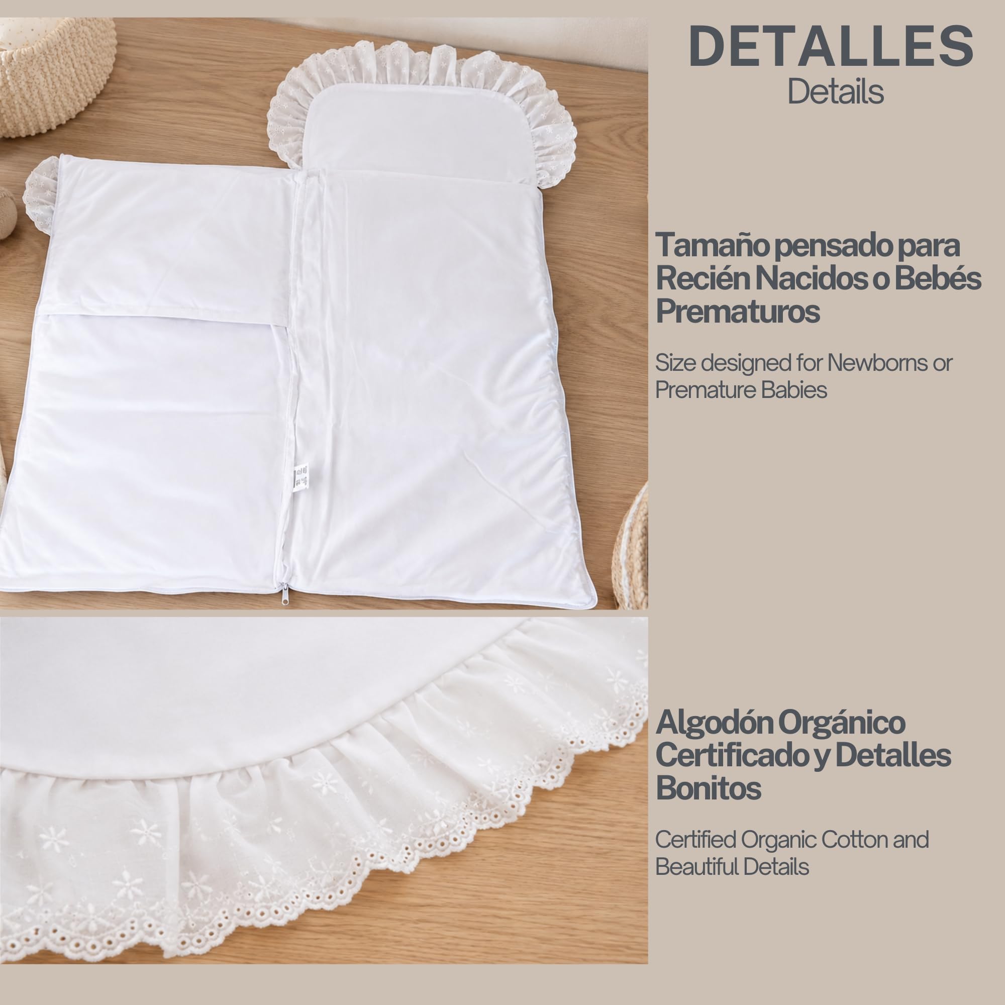 Thermikoa Saco Arrullo Bebé Recién Nacido 72x34 cm – Saco Capazo Universal (Blanco Muselina) - Tamaño Pequeño
