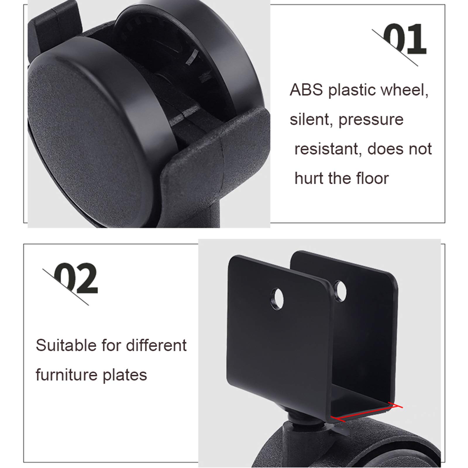 roulettes de Meubles X4, roulettes de Support en Forme de U, Roue en polyuréthane, Roues pivotantes, adaptées aux jardinières, berceaux (Noir), Frein, 18 mm