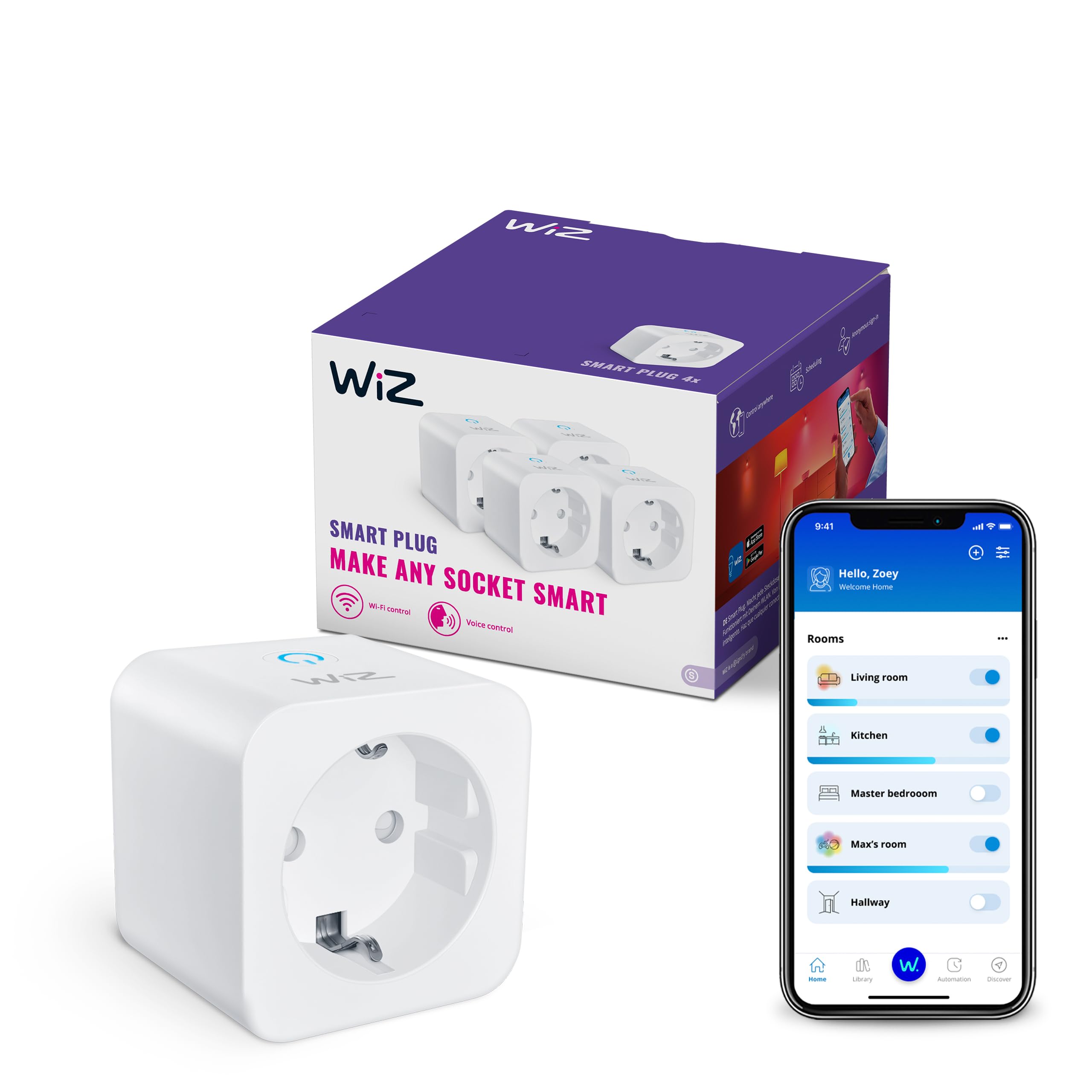 WiZ WLAN-Smart-Stecker,Typ F, 230 V,50 Hz,einfache Einrichtung,Matter-zertifiziert,intelligente Steuerung,Sprachbefehle, kompatibel mit Alexa, Google Home und Apple Home, ohne Leistungsmesser,4er-Pack