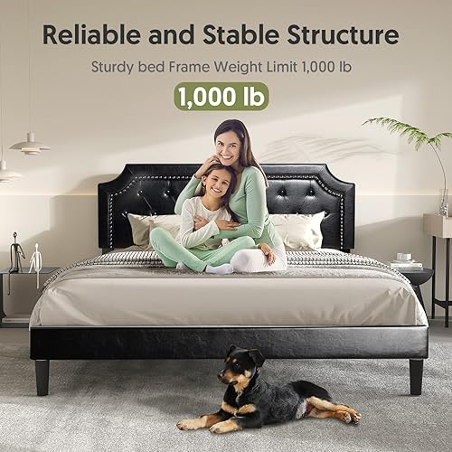 Miniatura 4 de BONSOIR Base de cama tapizada de perfil bajo con cabecera de piel sintética copetuda, no necesita somier, no necesita falda de cama (negro, tamaño