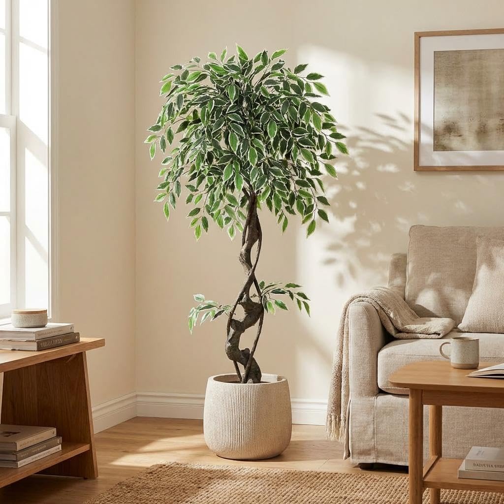 4ft Artificial Ficus Tree, Tall Fake Plants Indoor with White Planter & Pebbles, Realistic Variegated Silk Faux Tree with Natural Wood Trunk, Floor Plant for Living Room Corner, Home Office Decor