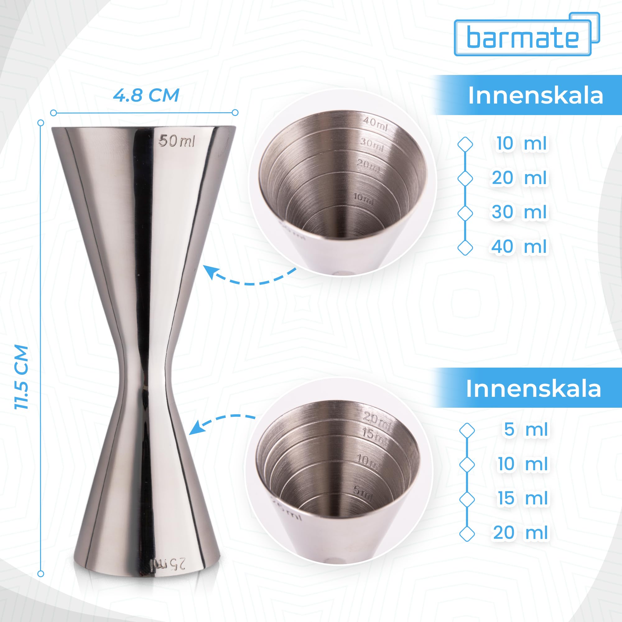 Boston Cocktail Shaker aus Edelstahl und beschwert als 3 teiliges Set bestehend aus einem Shaker, einem Jigger und einem Sieb