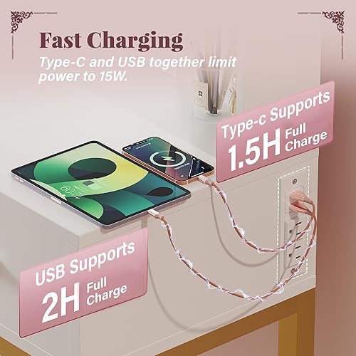 Miniatura 7 de Furmax Tocador con Espejo y Bombilla LED, Mesa Pequeña de Maquillaje con Cajones, Mesa de Vestir con Enchufe Eléctrico y Soporte para Secador de