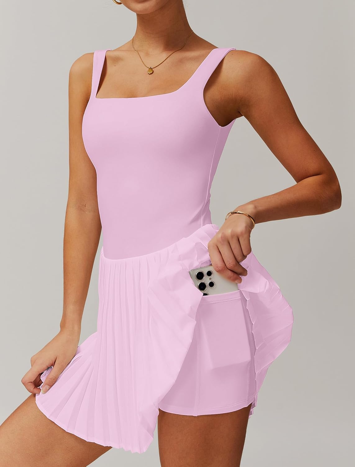 Womens Tennis Golf Dress with Built-in Bra Shorts Backless Square Neck Pleated Hem Athletic Dresses with Pockets - Image 4
