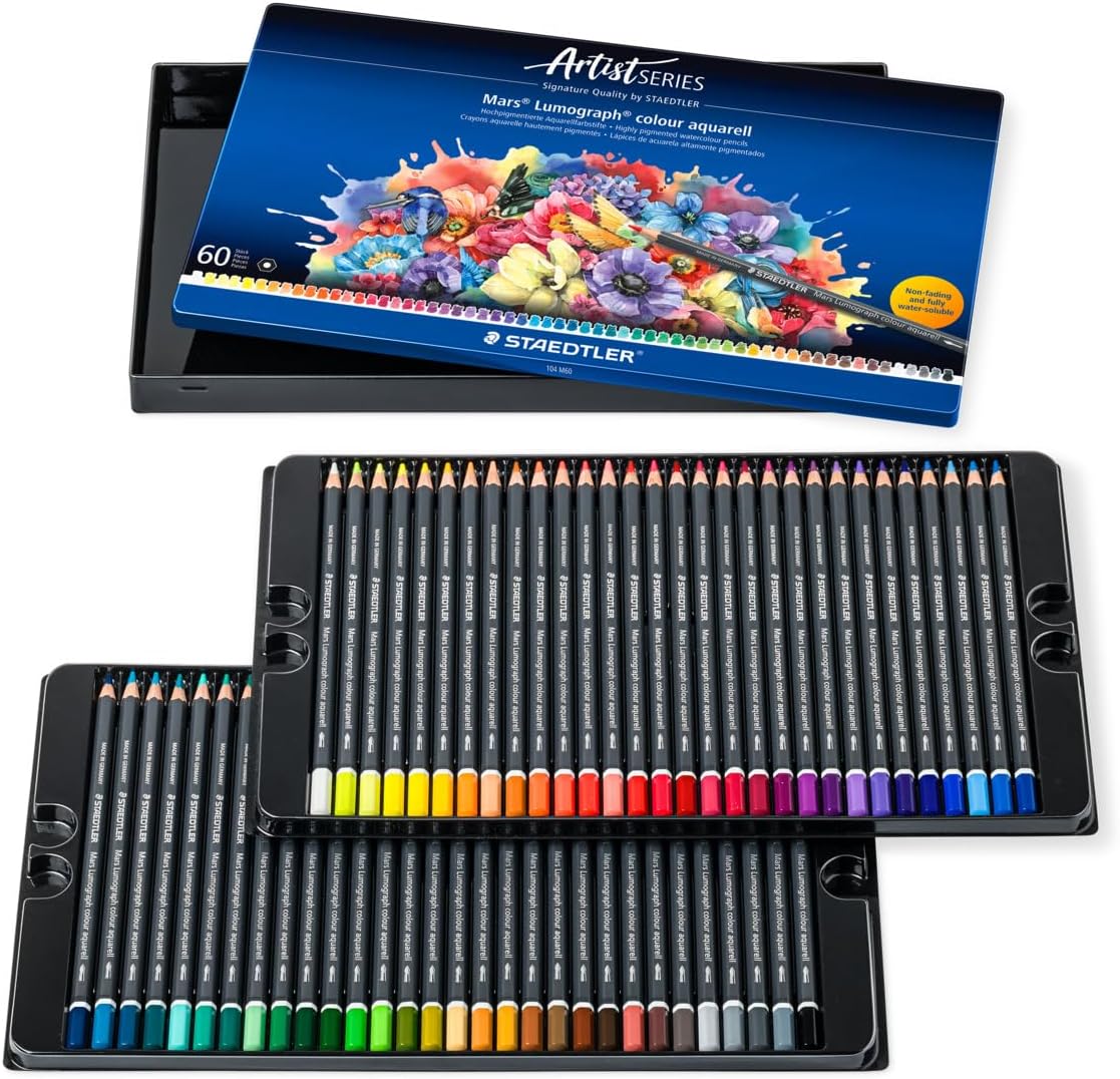 STAEDTLER Watercolour Pencil - 60 Assorted Colours - Mars Lumograph Colour Aquarell - Tin of 60, 104 M60