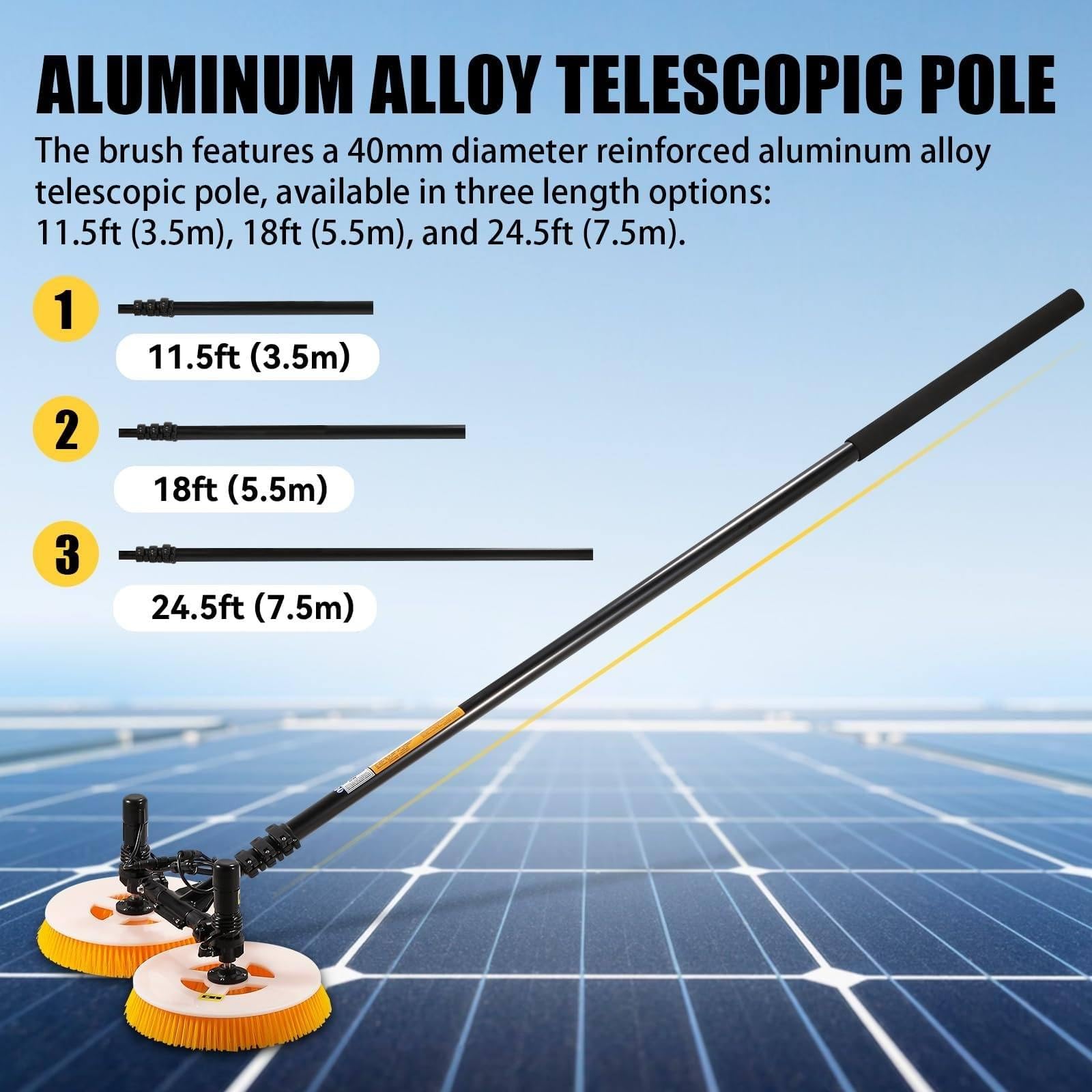 Cepillo de Limpieza Solar de Doble Cabezal, Alcance de Limpieza de 65 cm, con pértiga telescópica y Longitud Ajustable, Apto para centrales eléctricas, Plantas solare(Mains Electricity,7.5M)