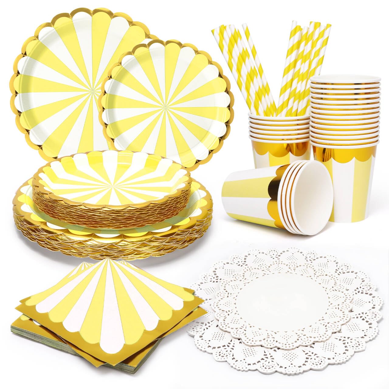 PARTY GO 170PC Yellow Paper Plates Cups Napkins Straw, Paper Doilies