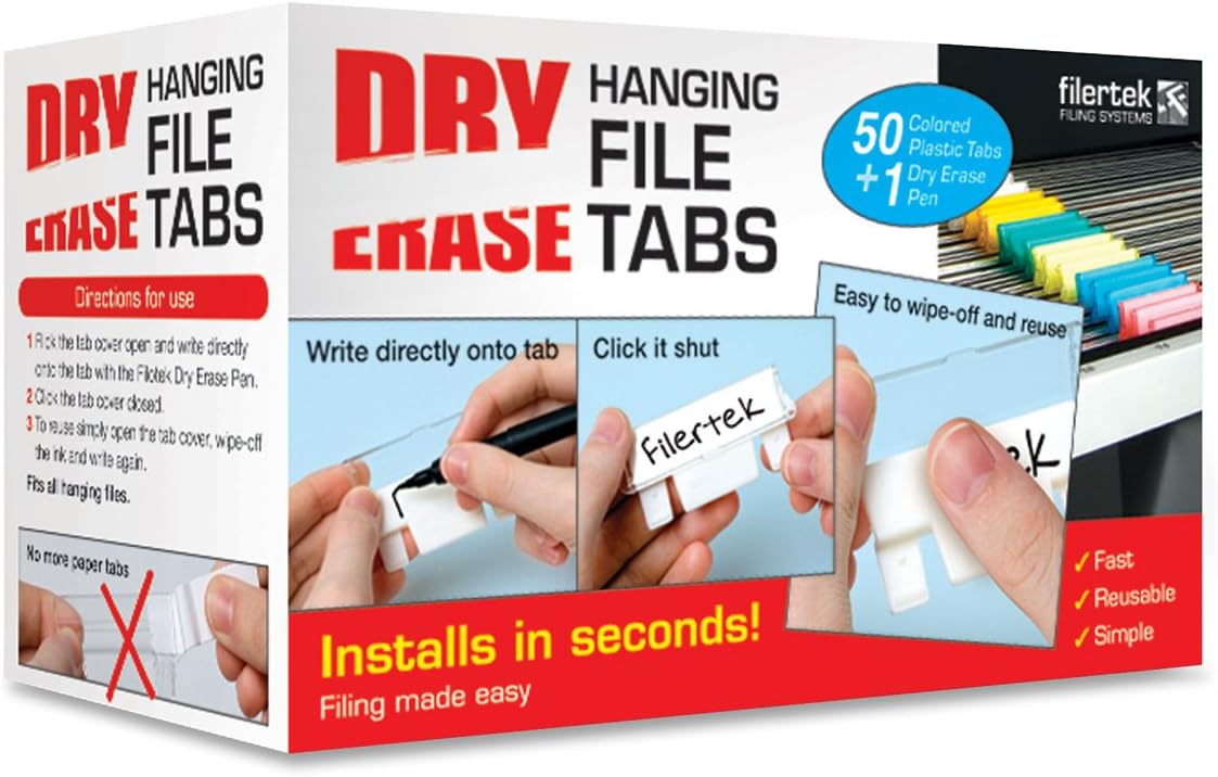 Filertek Hanging File Dry-Erase Reusable Tabs for Hanging Files with Dry-Erase Pen, Box of 50 Tabs, Assorted Colors (FT-1150C)