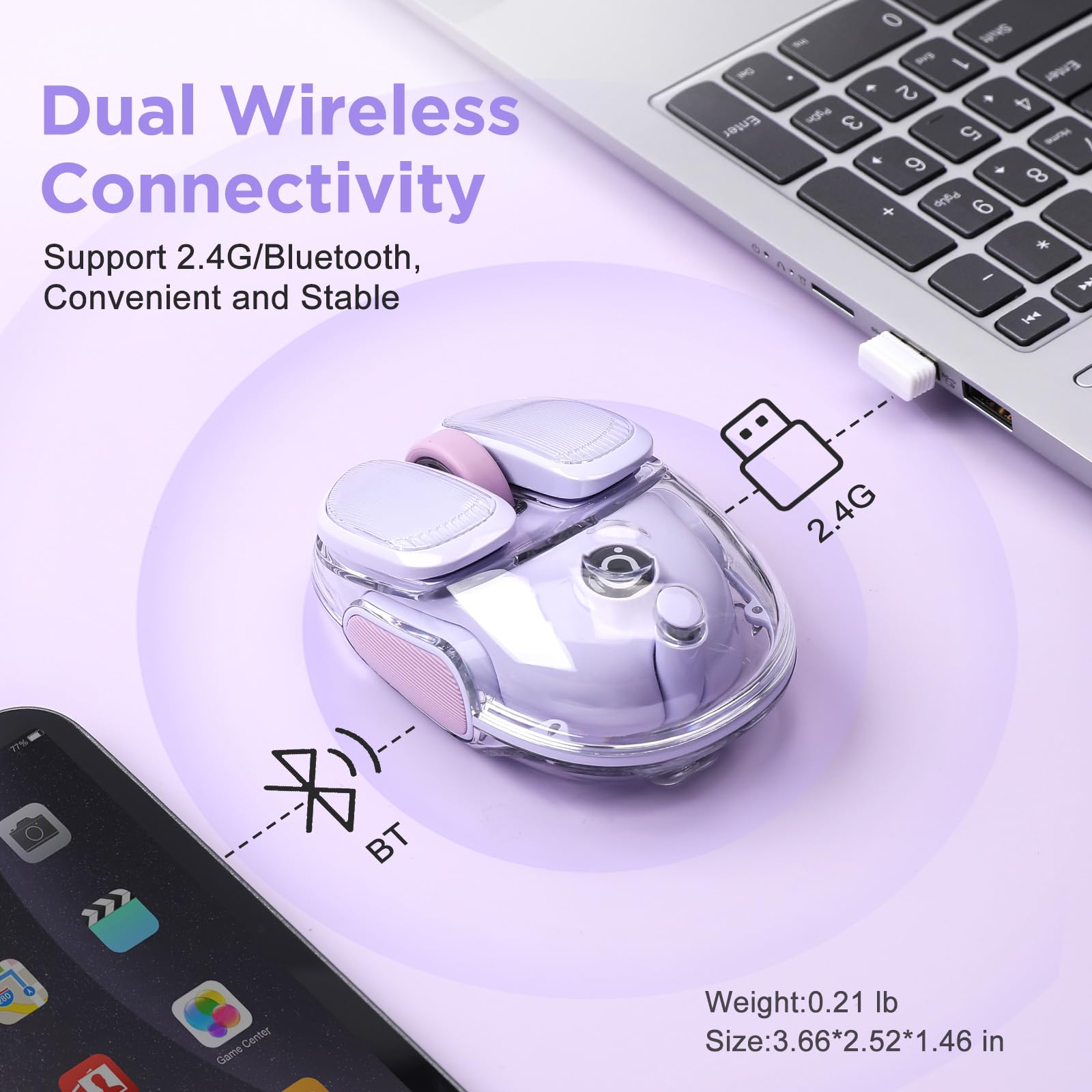 Q9 - Ratón inalámbrico portátil silencioso de 2,4 GHz/Bluetooth, modo dual, 4 DPI ajustables, 4800 DPI con iluminación RGB, compatible con Win/Mac/Android/iOS (morado)