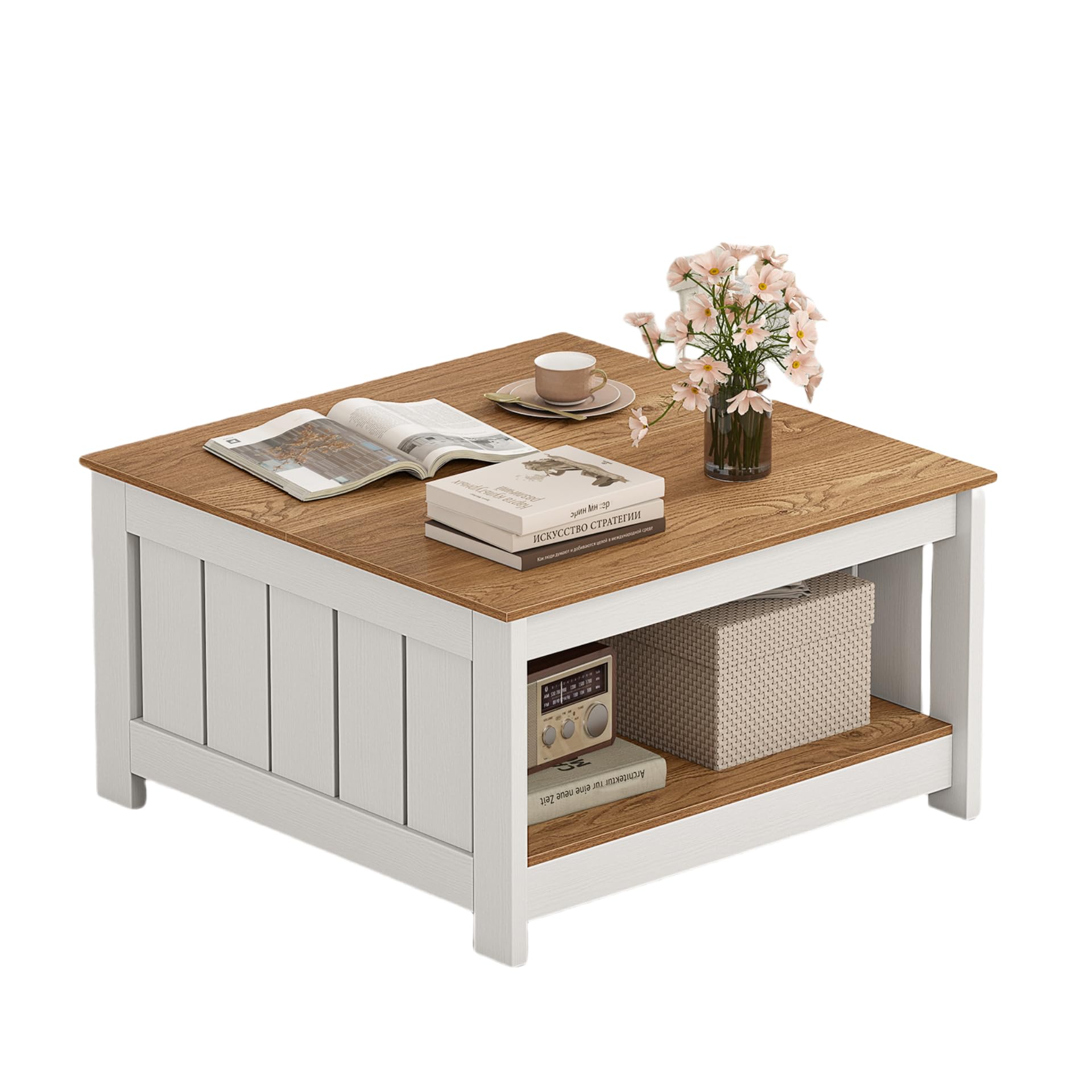 LIFEZEAL Mesa de centro de madera, mesa cuadrada de salón con 2 niveles, mesa de té con pies antideslizantes para hogar y oficina, rústica