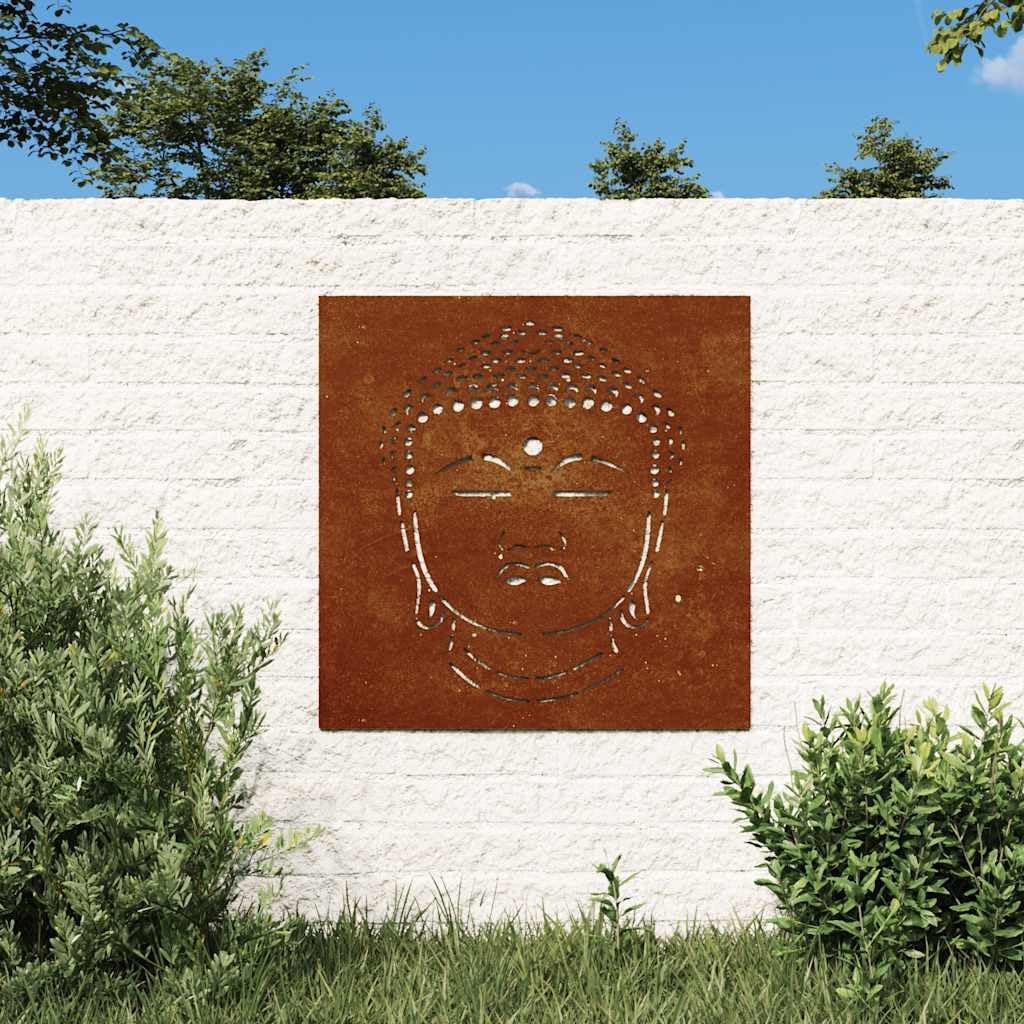 Kaloriko Dekoracja ścienna ogrodowa ze stali kortenowskiej 55 x 55 cm, głowa Buddy, odporna na warunki atmosferyczne, rdzawa, metal, obraz ścienny, druk artystyczny, dekoracja do salonu, sypialni
