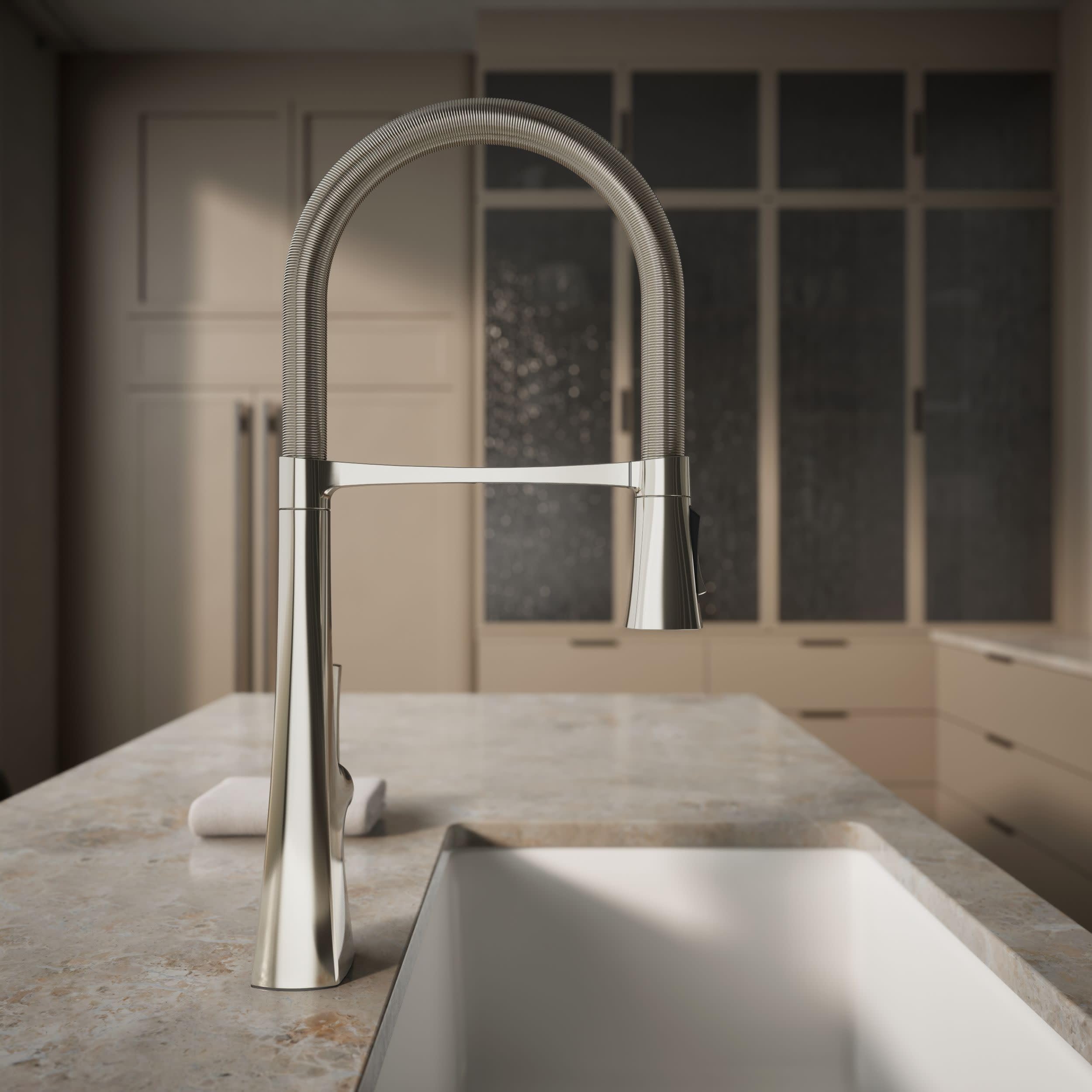 Kohler 22060-SN Graze Commercial, grifo de fregadero de cocina semiprofesional de 3 funciones alto con pulverizador extraíble, níquel pulido vibrante