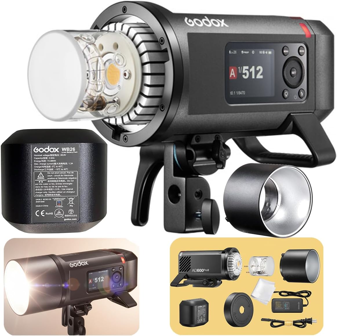 Godox AD600 Pro II AD600Pro II AD600PROII Flash, 2.4G TTL GN87 Flash Strobe, 40W Bi-Color Modeling Led, Color Screen, 16 Color Groups Indicator, Freeze Mode, 1/1 to 1/512 in 0.1 Increment Steps