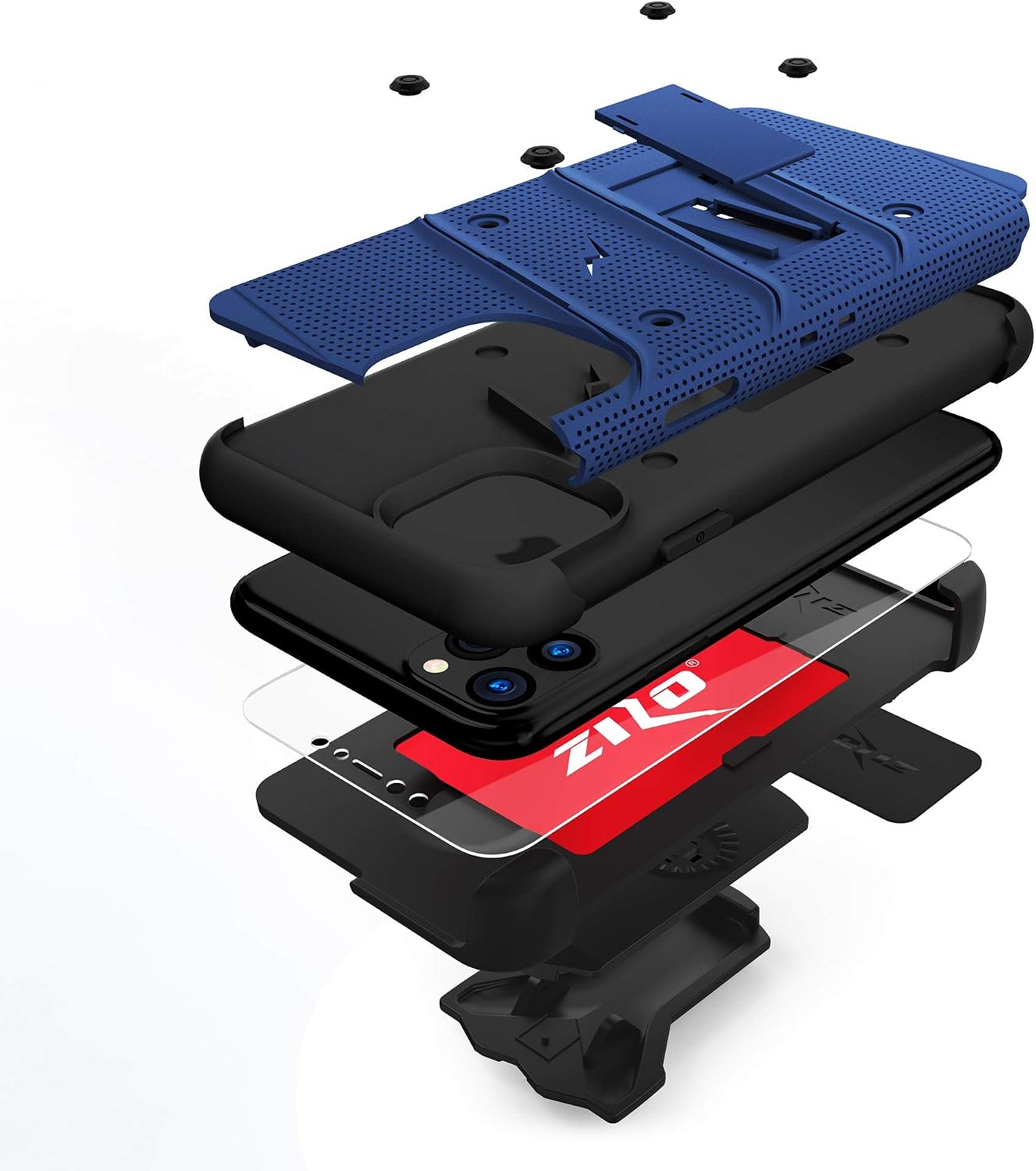 ZIZO Bolt Series iPhone 11 Pro Max Case - Heavy-Duty Military-Grade Drop Protection w/Kickstand Included Belt Clip Holster Tempered Glass Lanyard - Blue