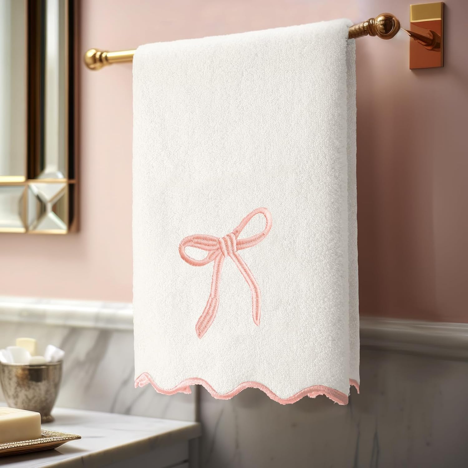 2 Pcs White Pink Scalloped Hand Towels for Bathroom 26 x 13 Embroidery Coquette Bow Hand Towels 100% Cotton Soft Absorbent Boho Bath Decor for Kitchen Bathroom - Image 5