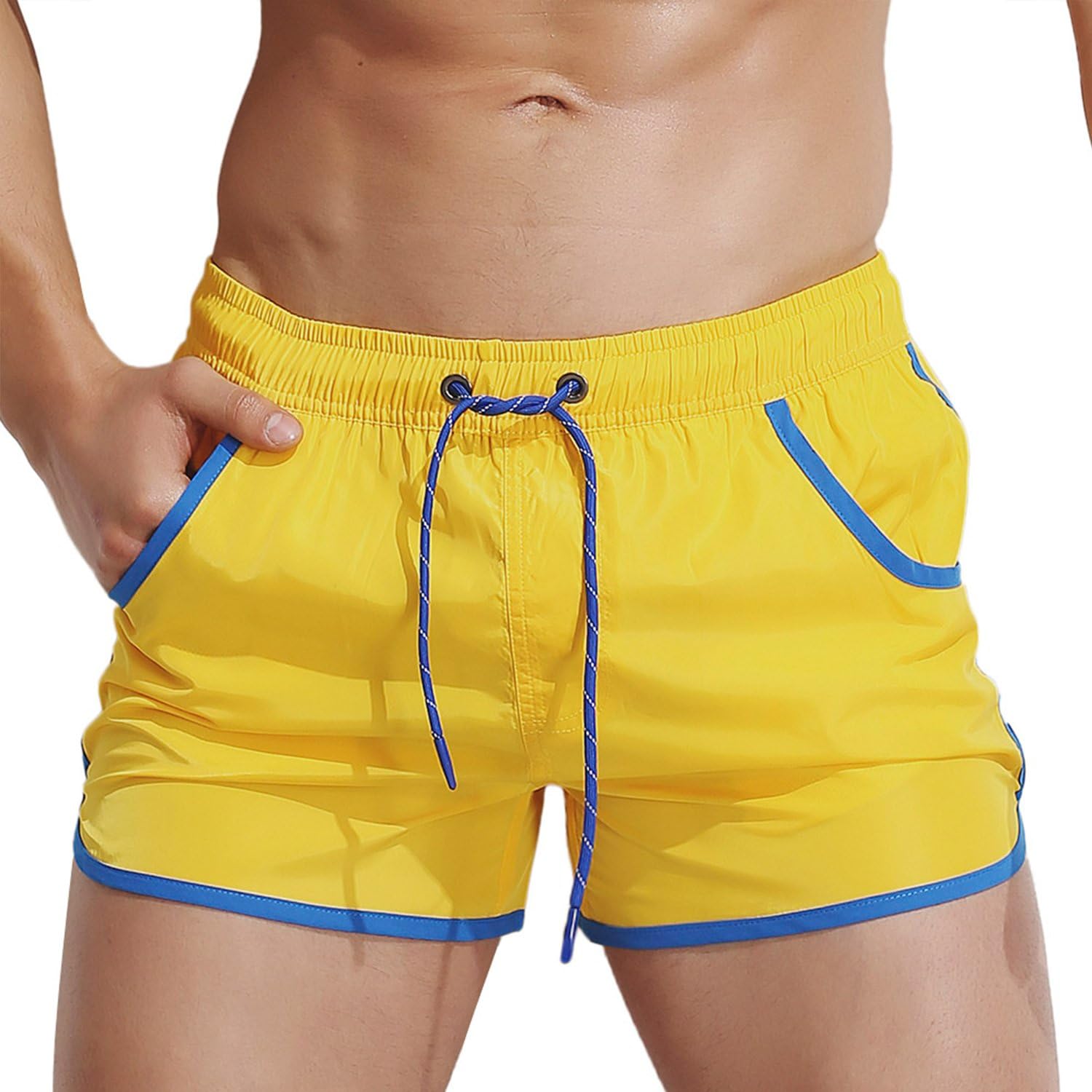 Mens Swim Trunks Quick Dry Beach Shorts Mesh Lining Board Shorts with Pockets Yellow